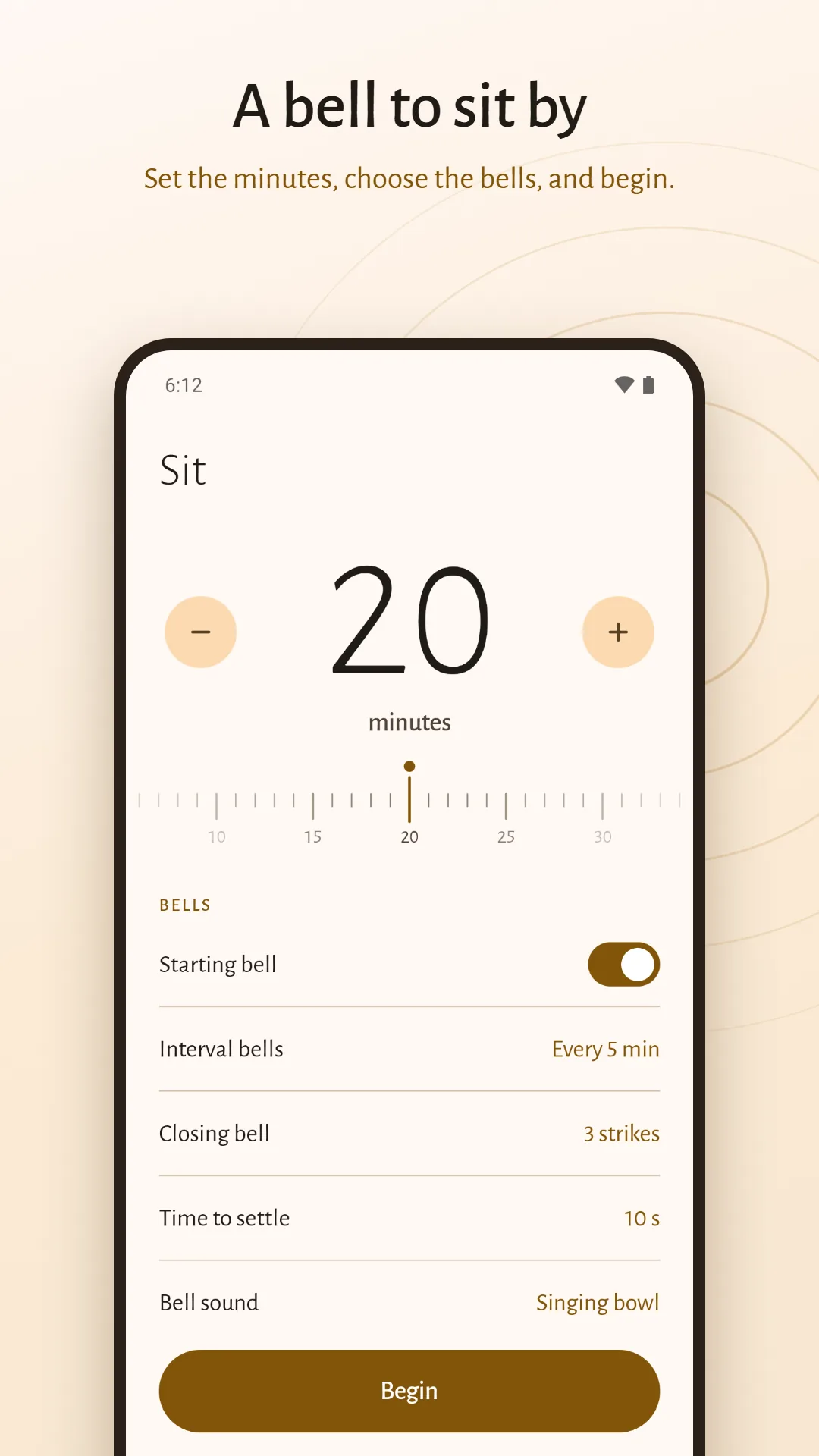 Mala & Meditation Timer screenshot. A bell to sit by: set the minutes on a ruler and choose the starting, interval and closing bells.
