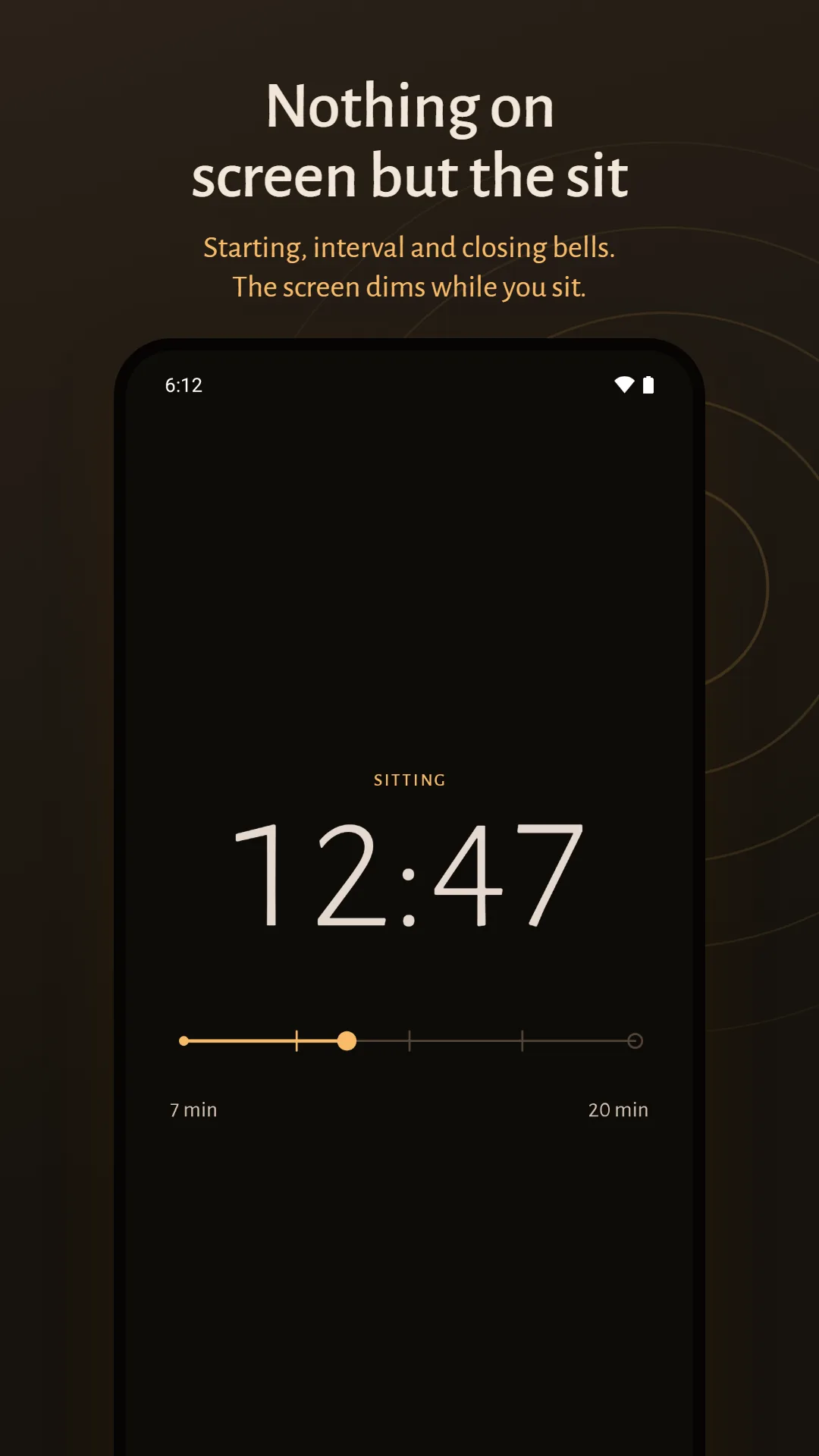 Mala & Meditation Timer screenshot. Nothing on screen but the sit: the time left, and a line from the first bell to the last.