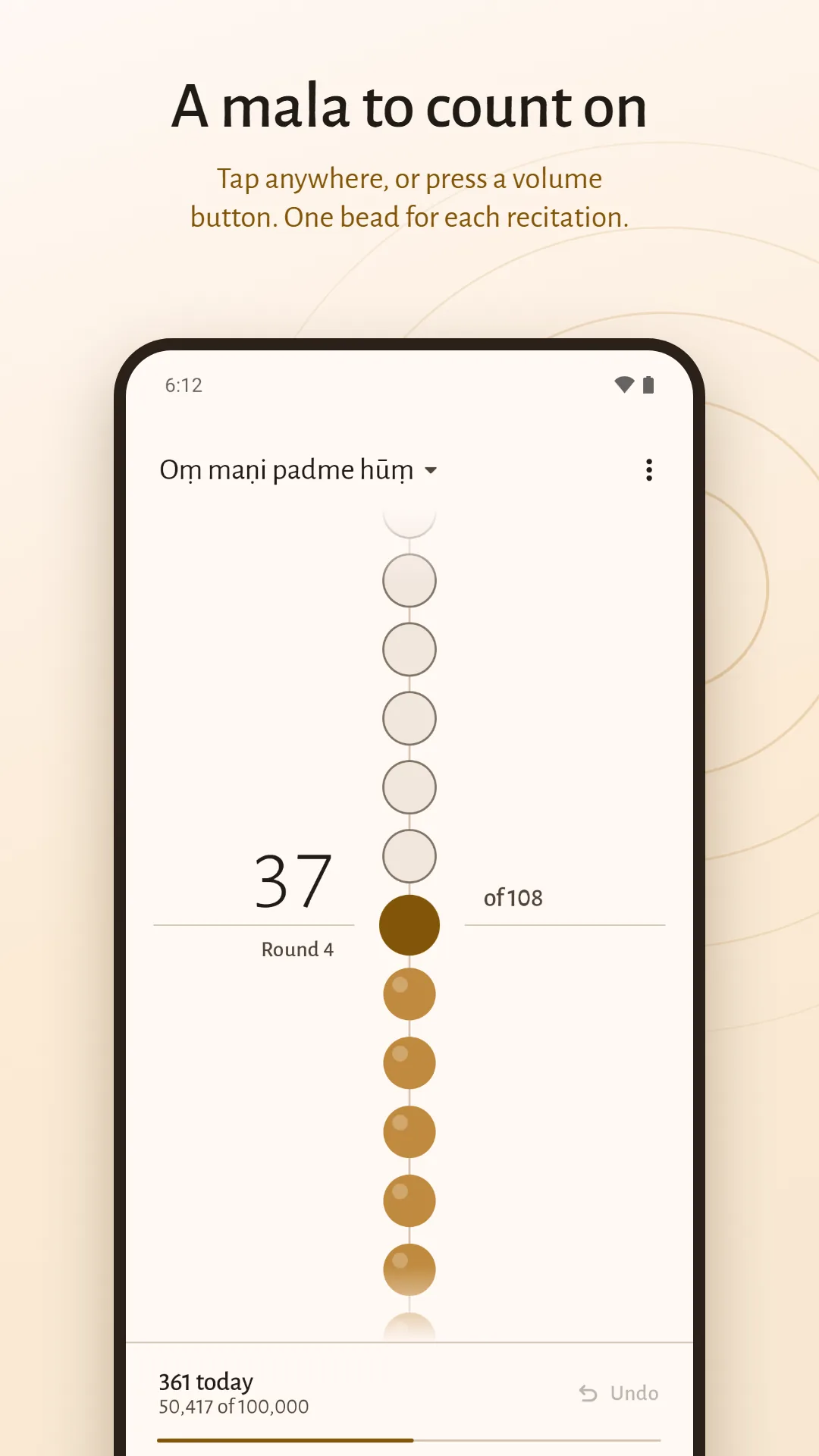 Mala & Meditation Timer screenshot. A mala to count on: a strand of beads that moves one bead for each tap or volume press.