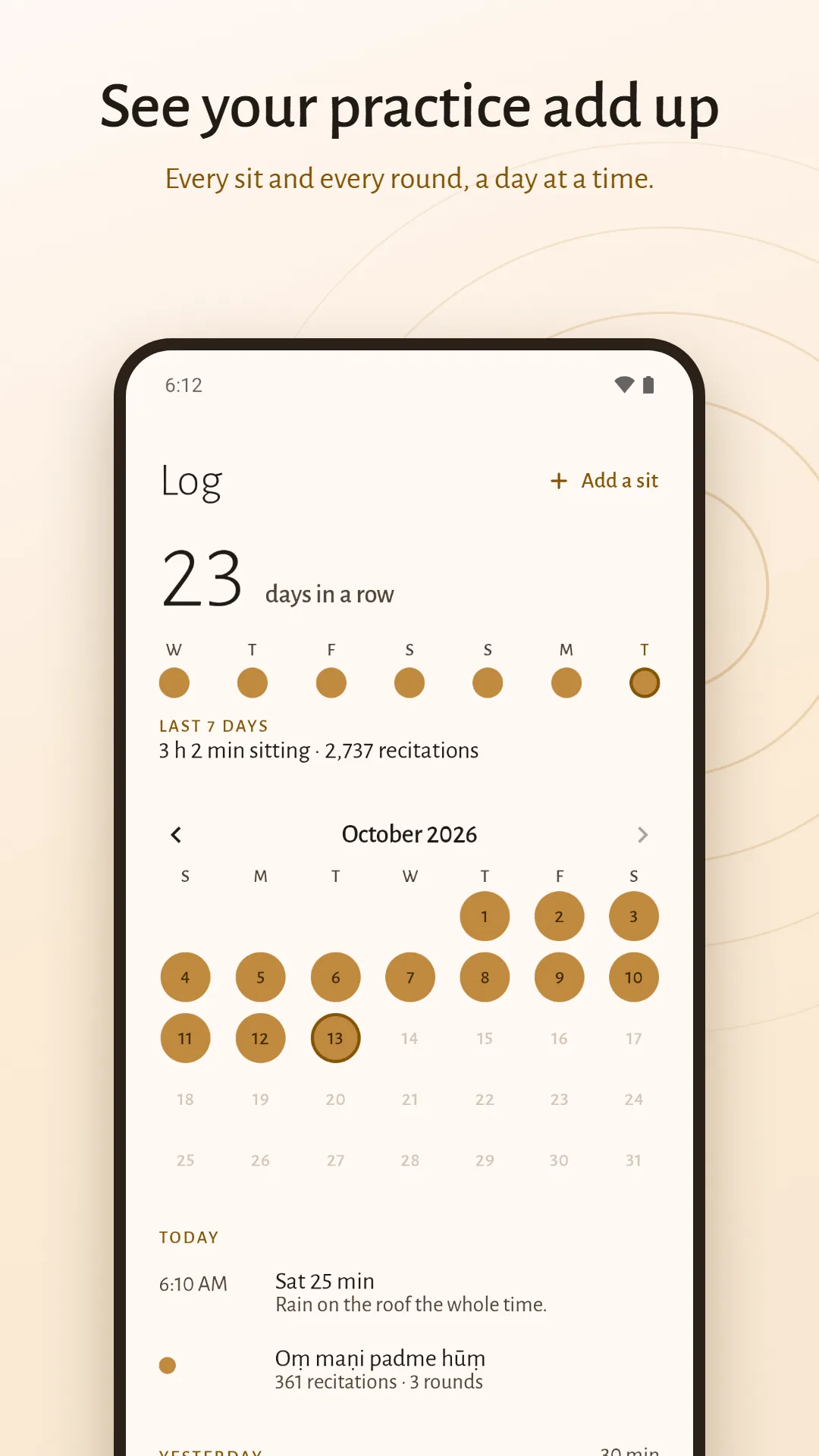 Mala & Meditation Timer screenshot. See your practice add up: days in a row, the last seven days and the month.