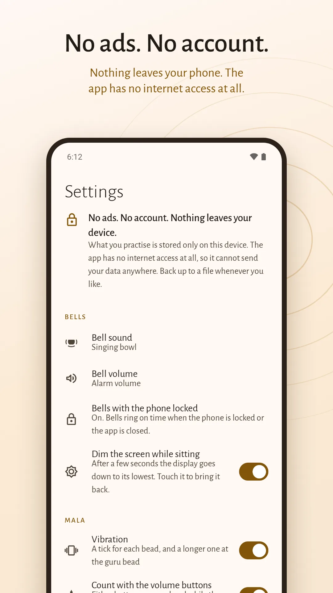 Mala & Meditation Timer screenshot. No ads, no account: nothing leaves your phone, and the app has no internet access at all.