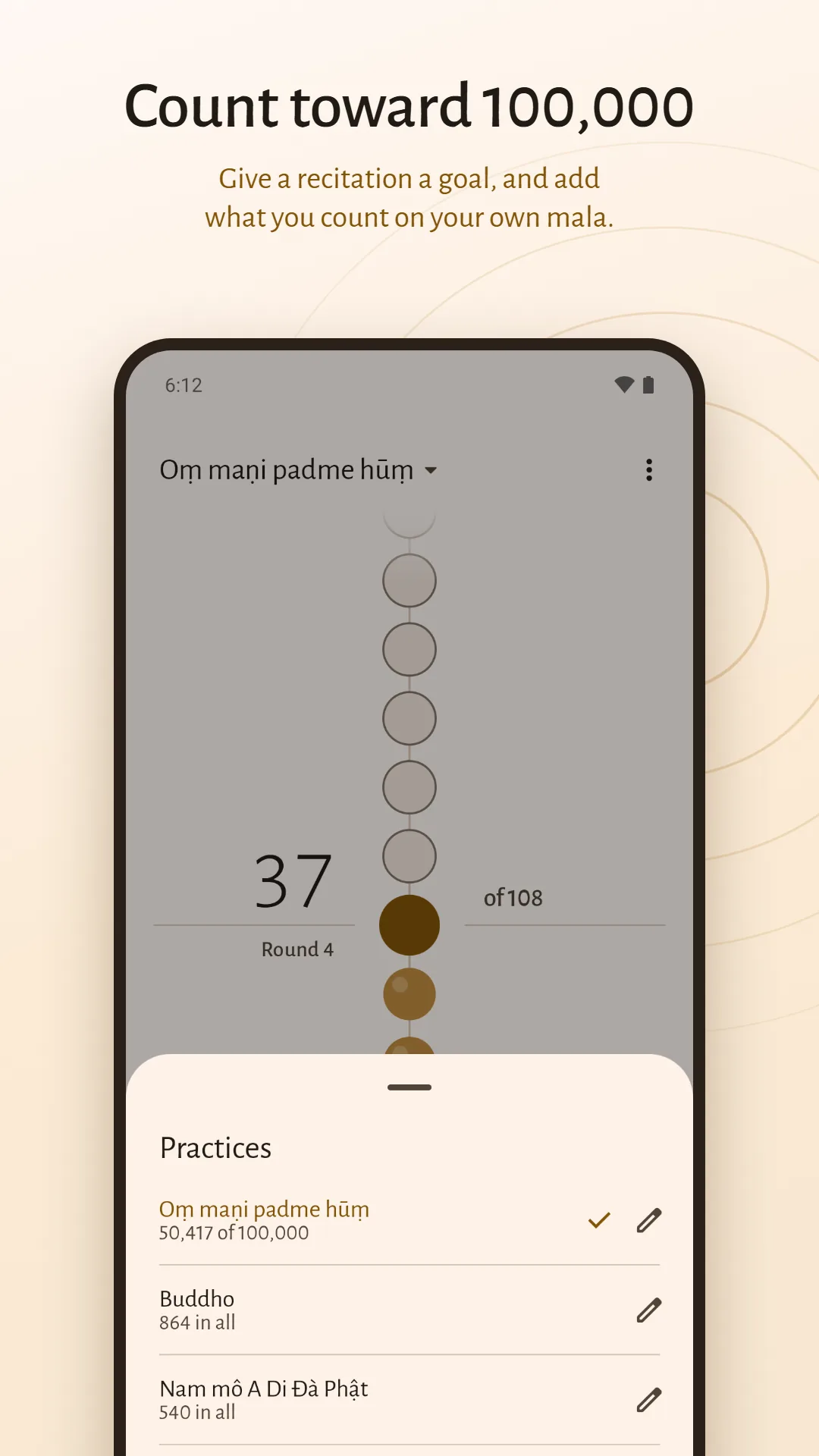 Mala & Meditation Timer screenshot. Count toward 100,000: each practice keeps its own count and its own goal.