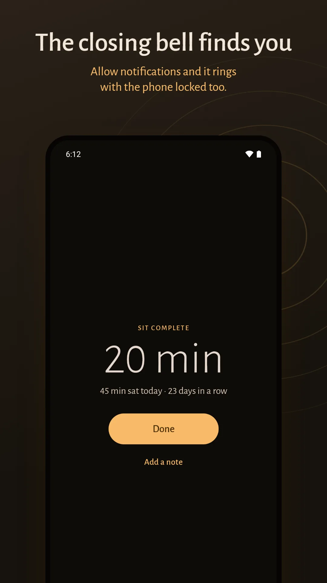 Mala & Meditation Timer screenshot. The closing bell finds you: the sit is logged, with room for a note.