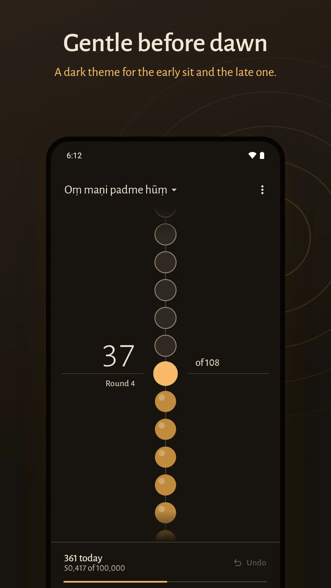 Mala & Meditation Timer screenshot. A dark theme for an early sit.