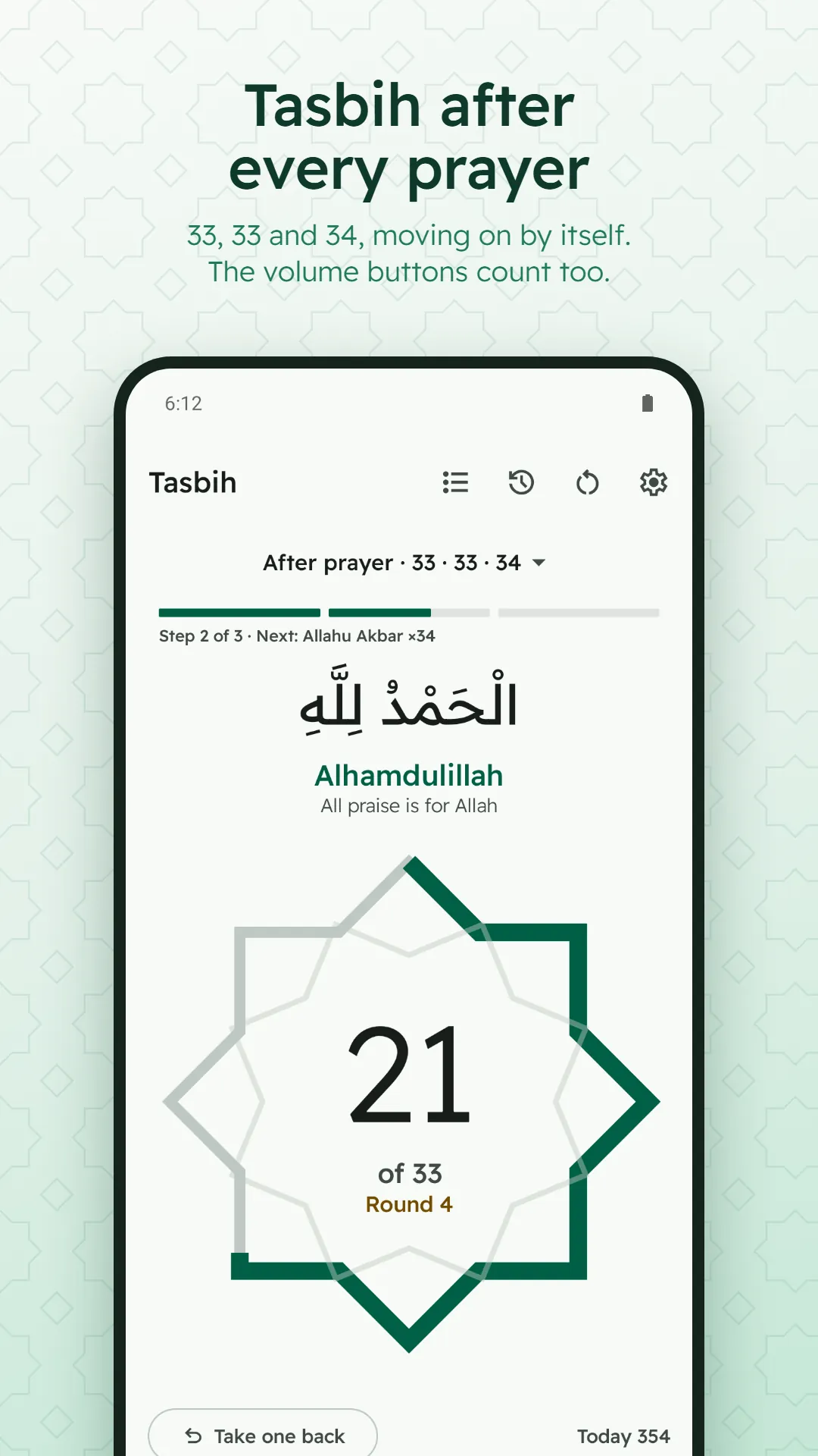 Digital Tasbih Counter screenshot. The counter part-way through the tasbih after prayer, with the phrase in Arabic, its transliteration and meaning.