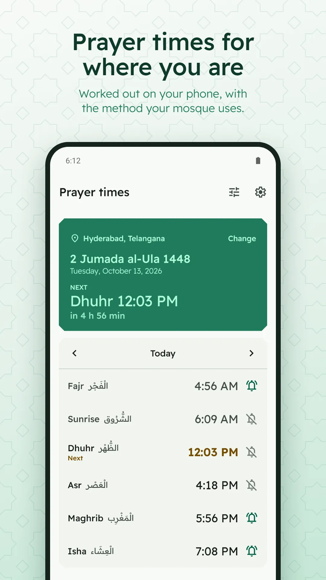 Digital Tasbih Counter screenshot. Today's prayer times for the place you chose, with the next prayer marked.