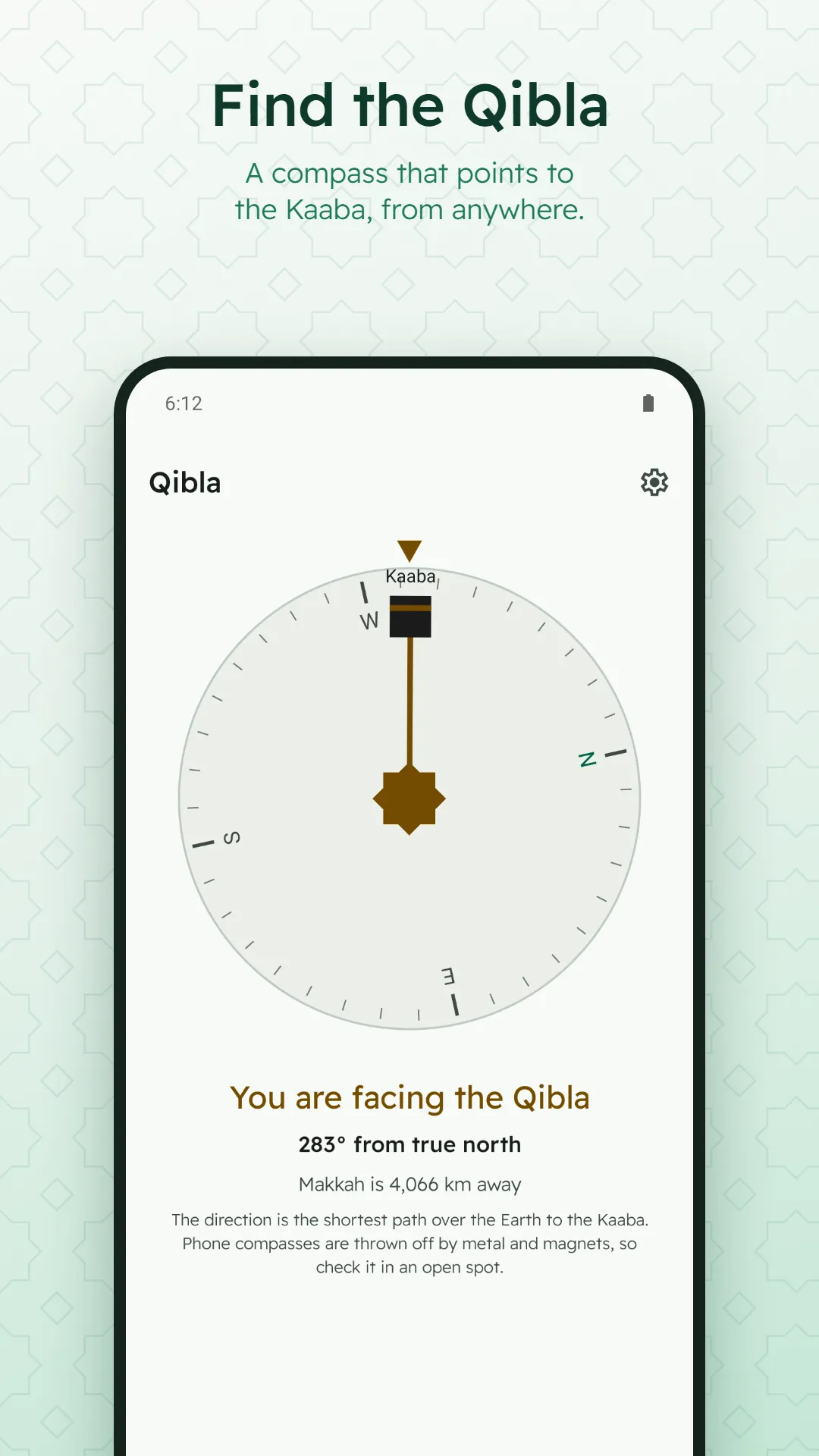 Digital Tasbih Counter screenshot. The Qibla compass, showing the direction of the Kaaba.