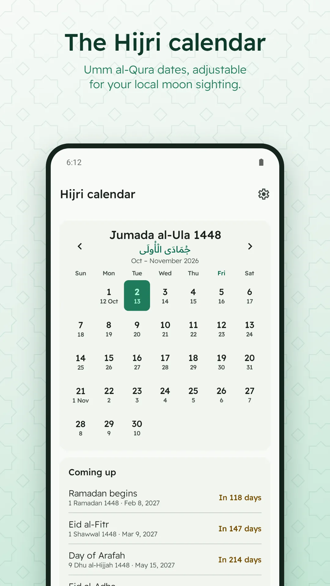 Digital Tasbih Counter screenshot. The Hijri calendar month beside the Gregorian dates.