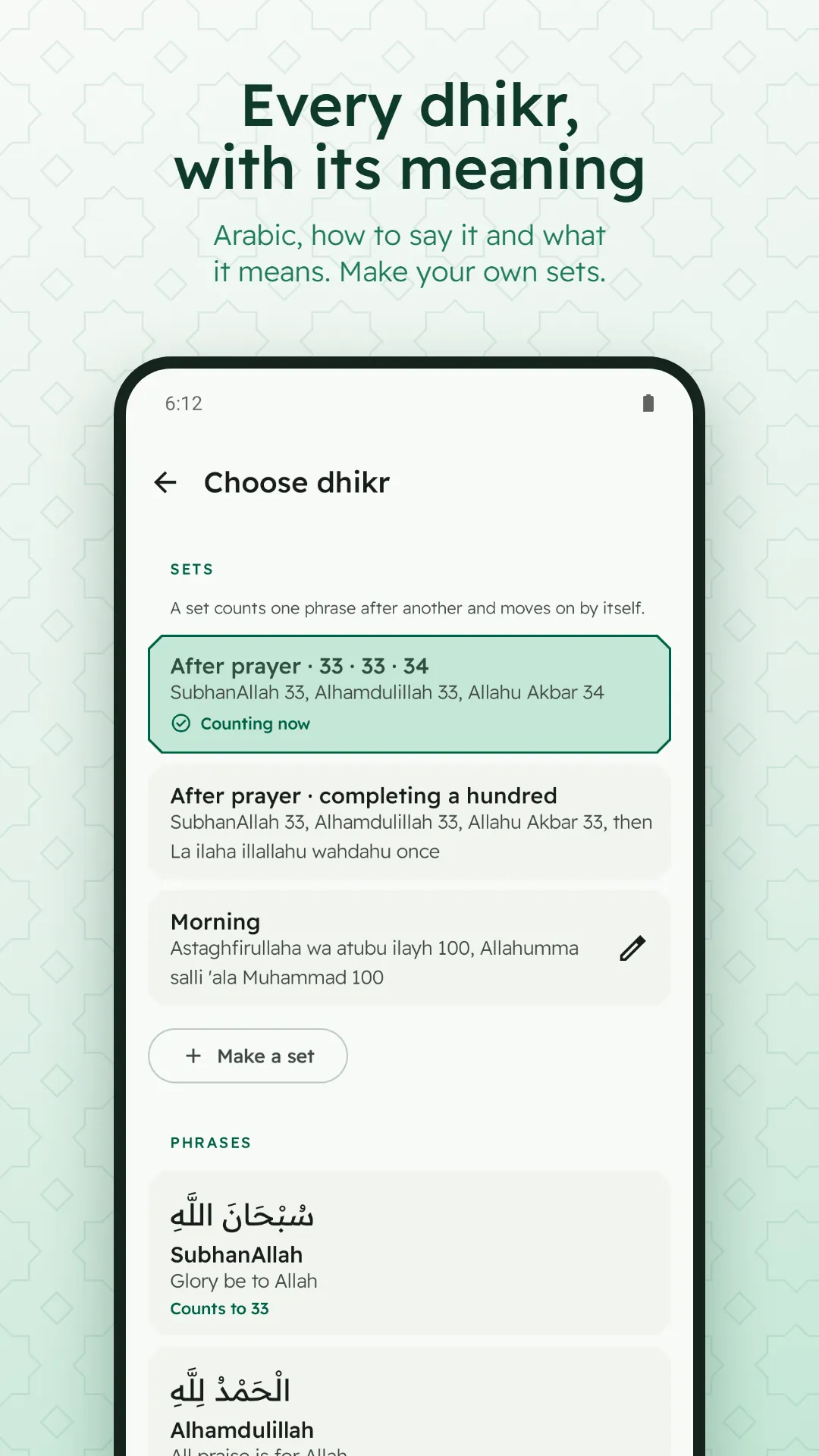 Digital Tasbih Counter screenshot. The list of dhikr, each with its Arabic and meaning, and the sets after prayer.