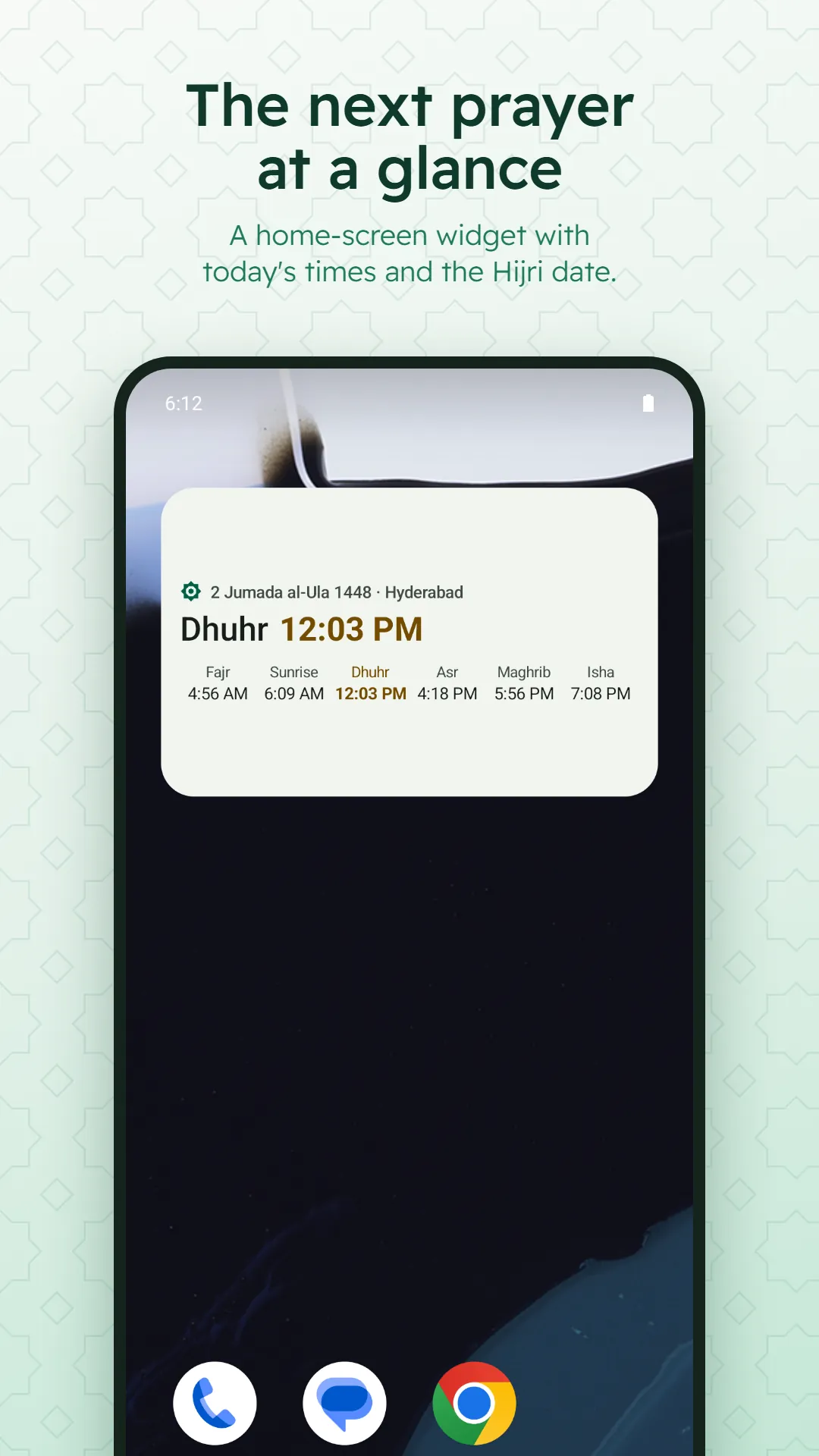 Digital Tasbih Counter screenshot. The next prayer and the Hijri date on a home-screen widget.