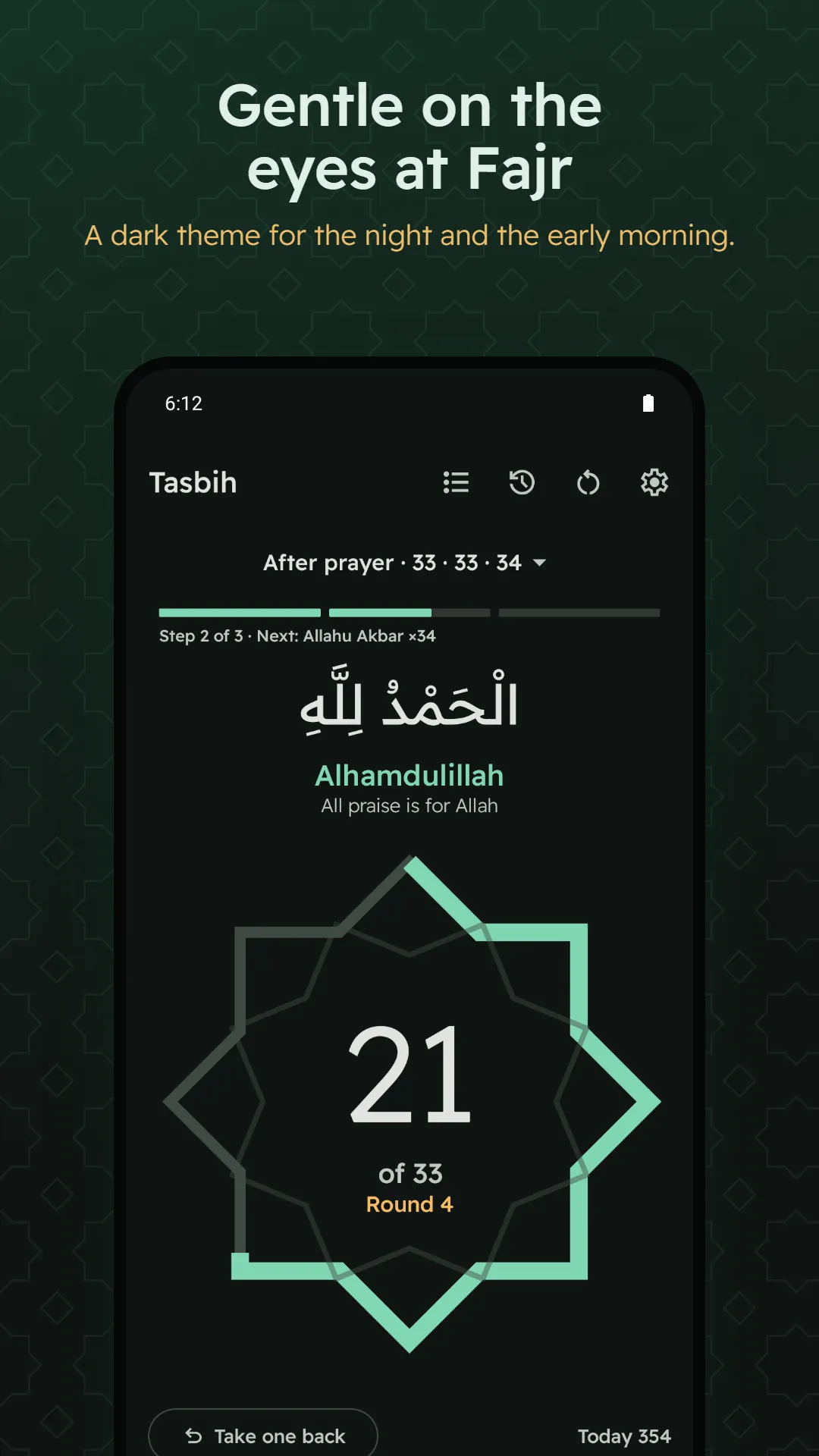 Digital Tasbih Counter screenshot. A dark theme for Fajr and the night.