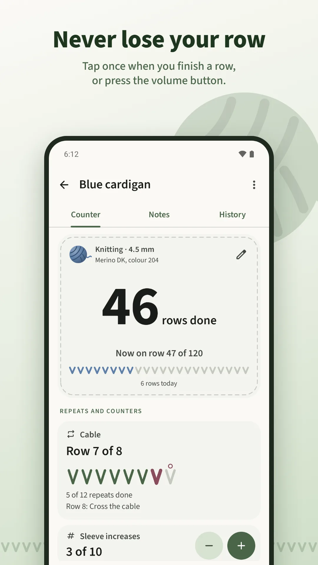 Knitting Row Counter screenshot. The row counter: tap once when you finish a row, or press the volume button.