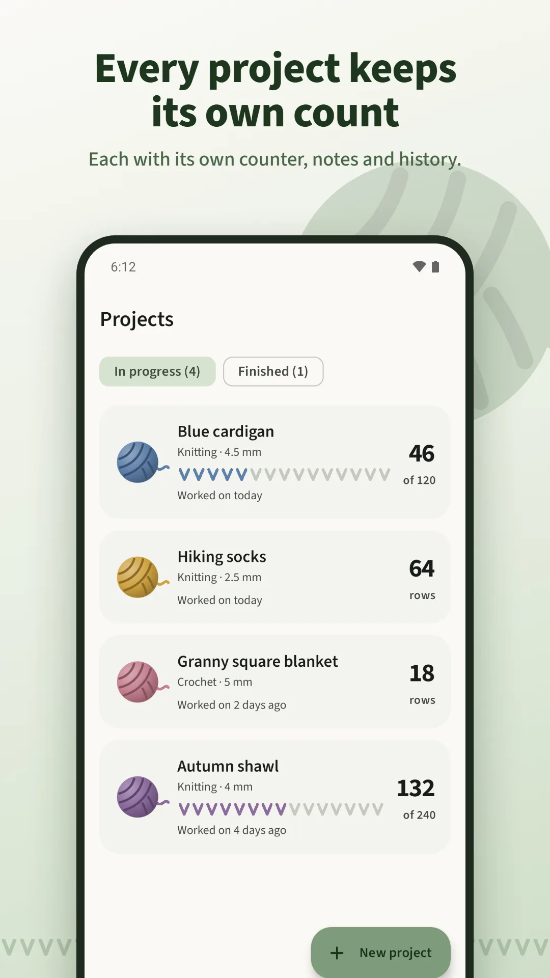 Knitting Row Counter screenshot. Every project keeps its own count, notes and history.