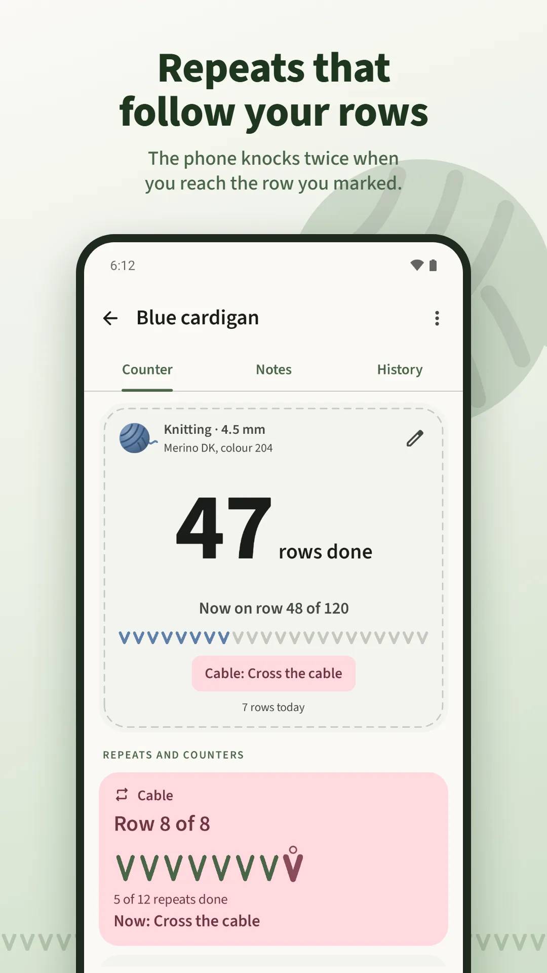 Knitting Row Counter screenshot. A repeat follows your rows, and the phone knocks twice on the row you marked.