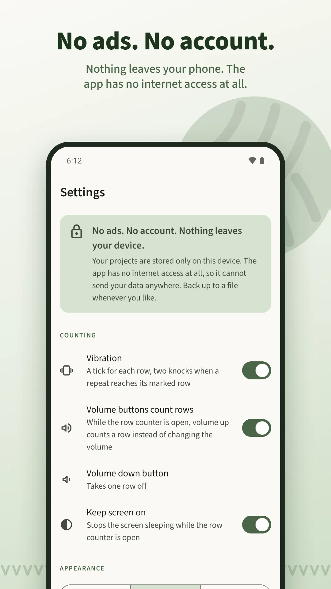 Knitting Row Counter screenshot. No ads, no account: nothing leaves your phone, and the app has no internet access at all.