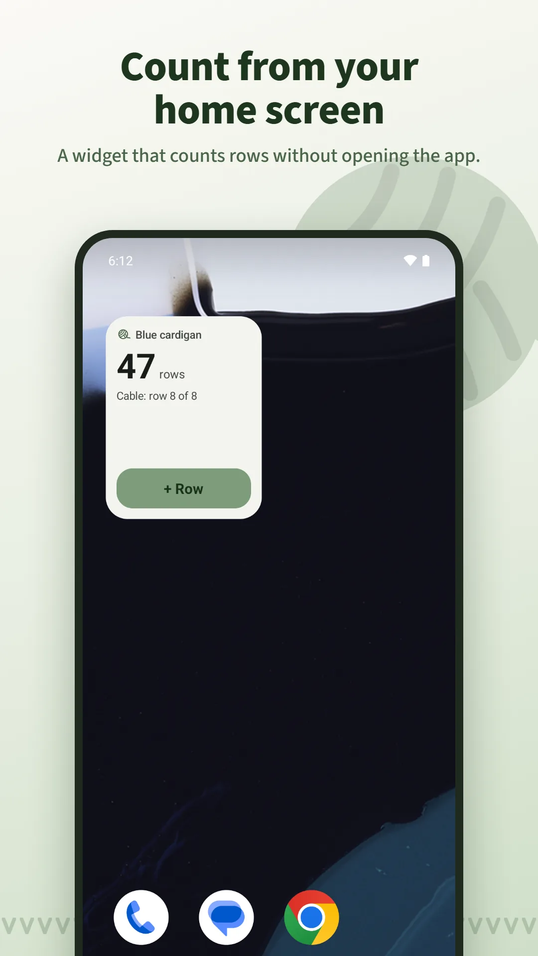 Knitting Row Counter screenshot. A home-screen widget that counts rows without opening the app.