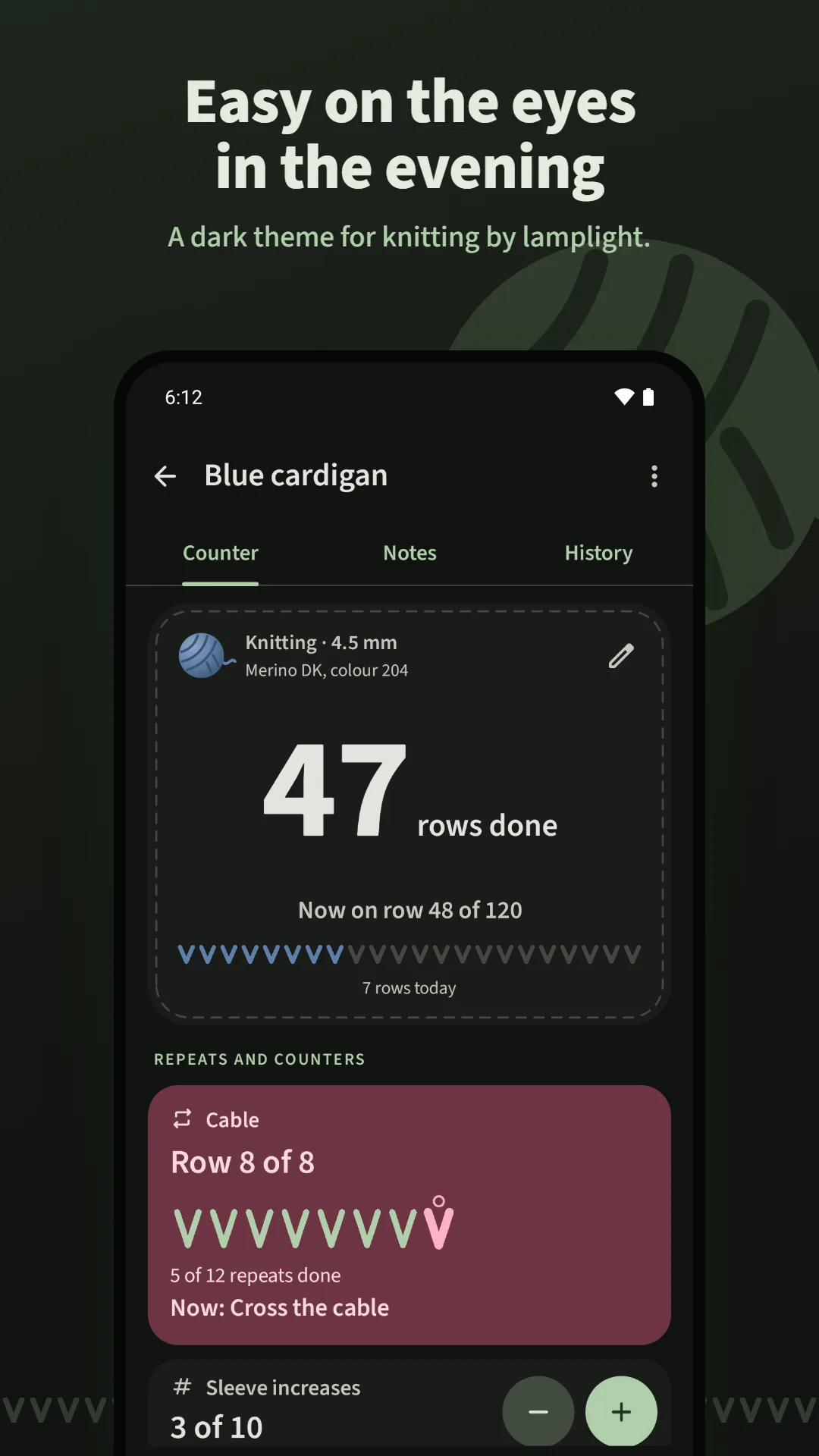 Knitting Row Counter screenshot. A dark theme for knitting in the evening.