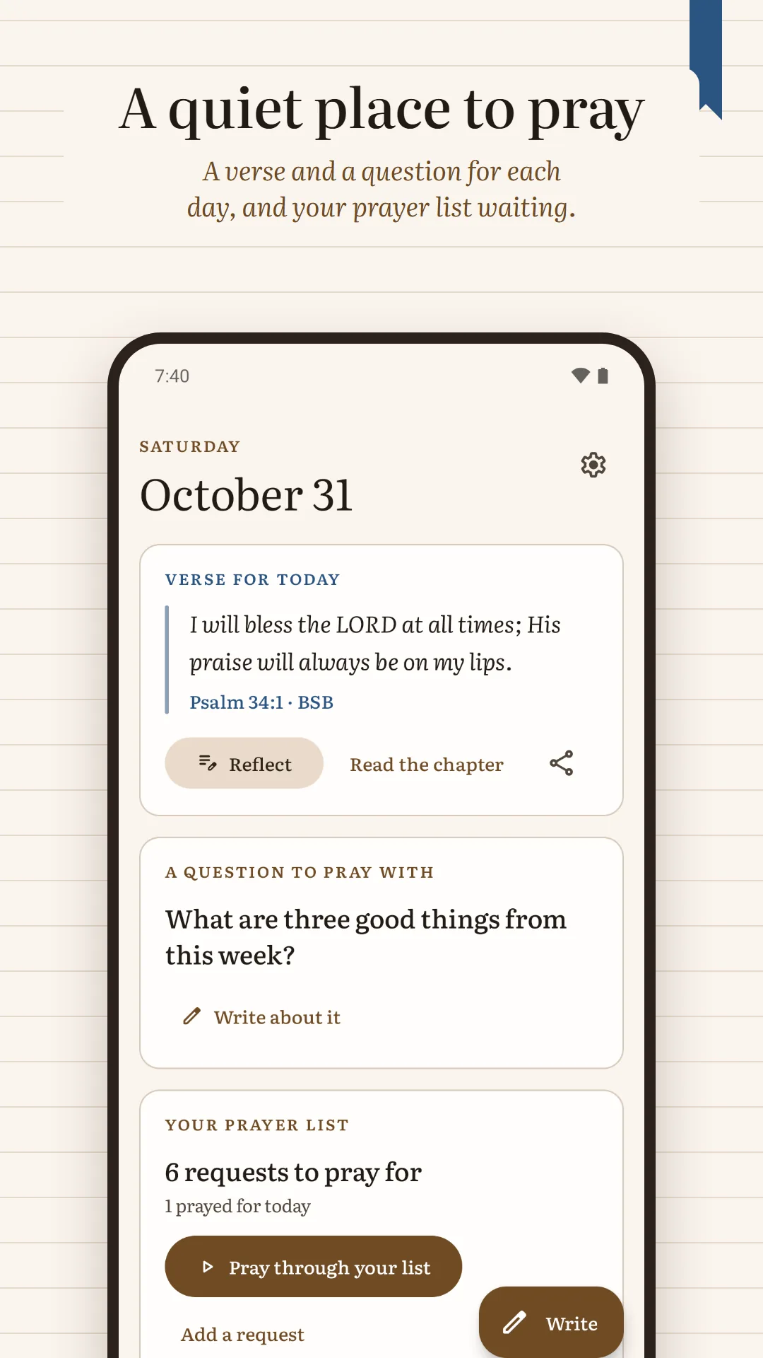 Prayer Journal & Prayer List screenshot. A quiet place to pray: the day's verse, a question to pray with, and your prayer list.