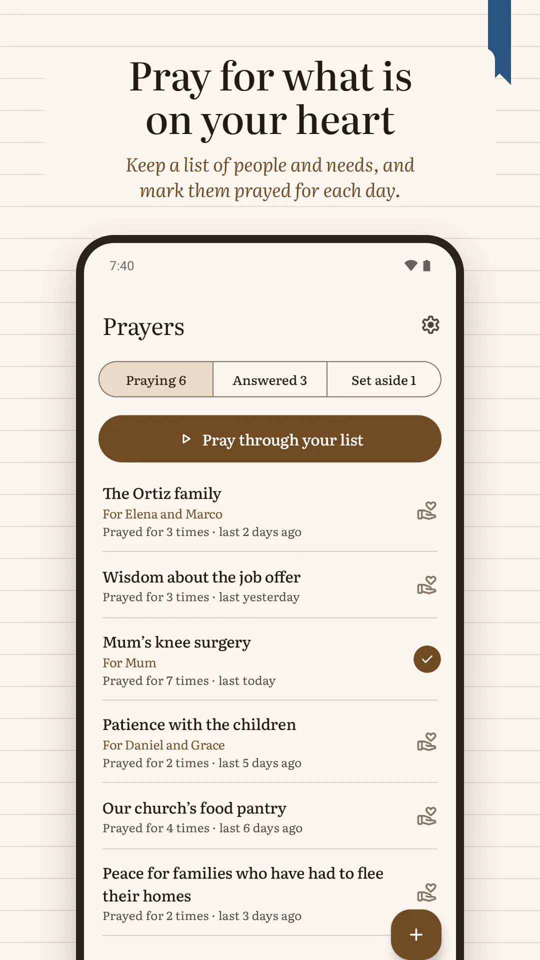 Prayer Journal & Prayer List screenshot. Pray for what is on your heart: the prayer list, each request marked prayed for today.