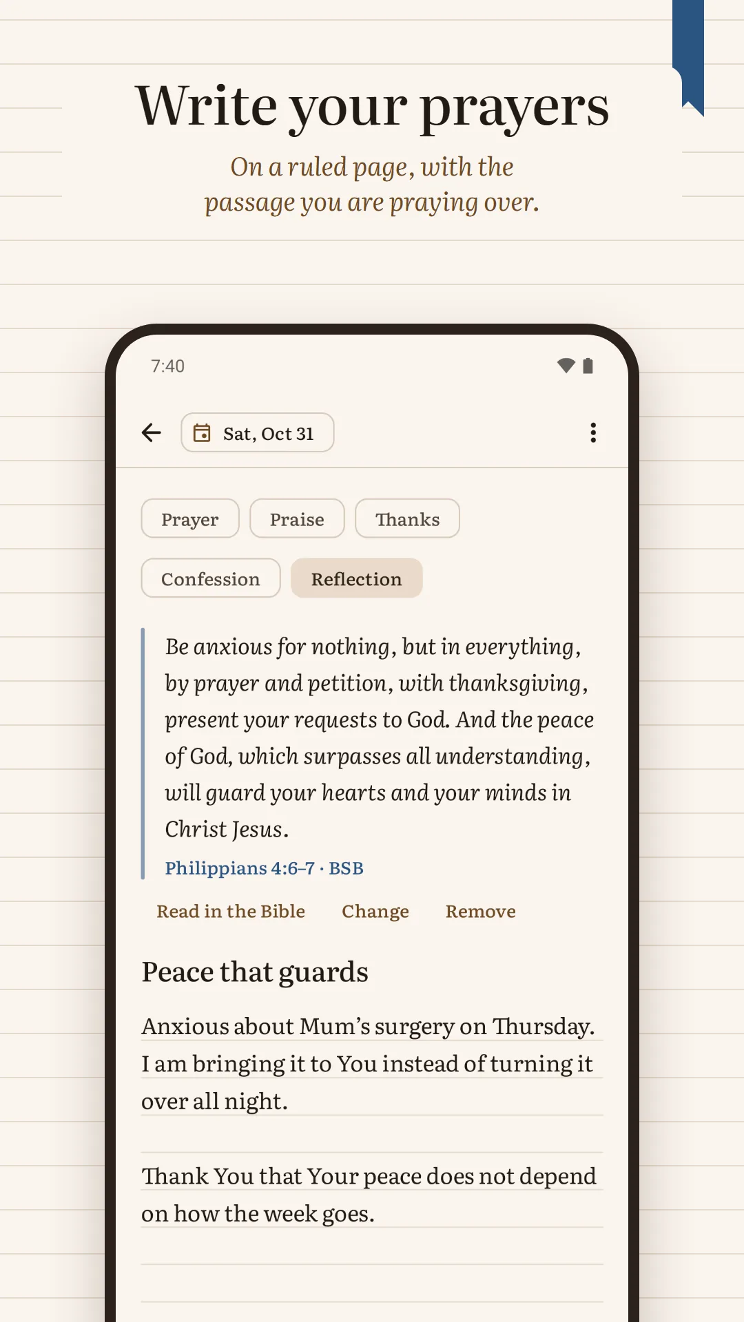 Prayer Journal & Prayer List screenshot. Write your prayers: a ruled journal page with the passage it reflects on.