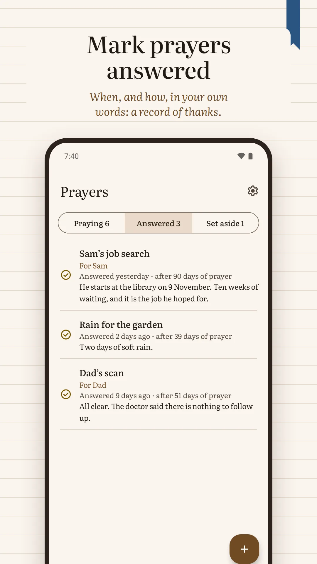 Prayer Journal & Prayer List screenshot. Mark prayers answered: when, and how, in your own words.