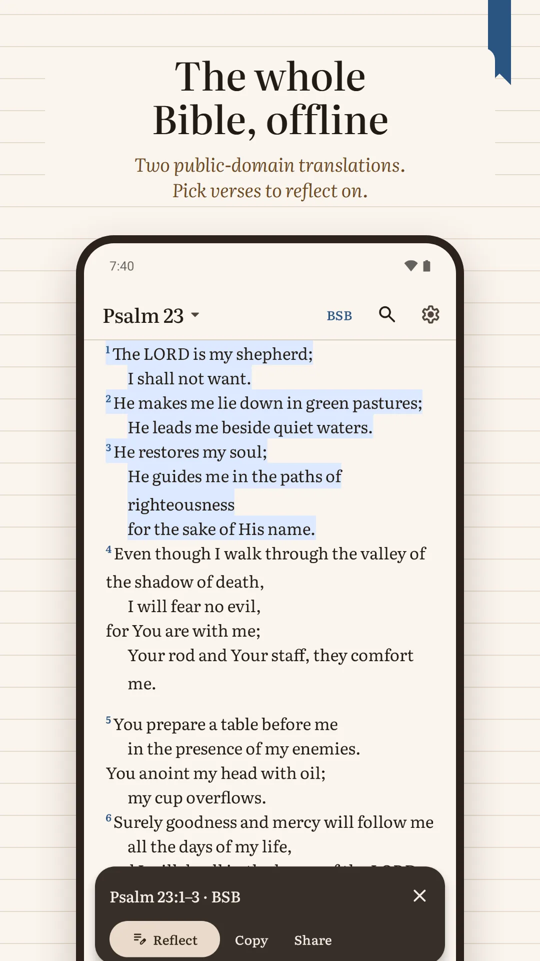 Prayer Journal & Prayer List screenshot. The whole Bible, offline: Psalm 23 in the Berean Standard Bible, verses picked to reflect on.