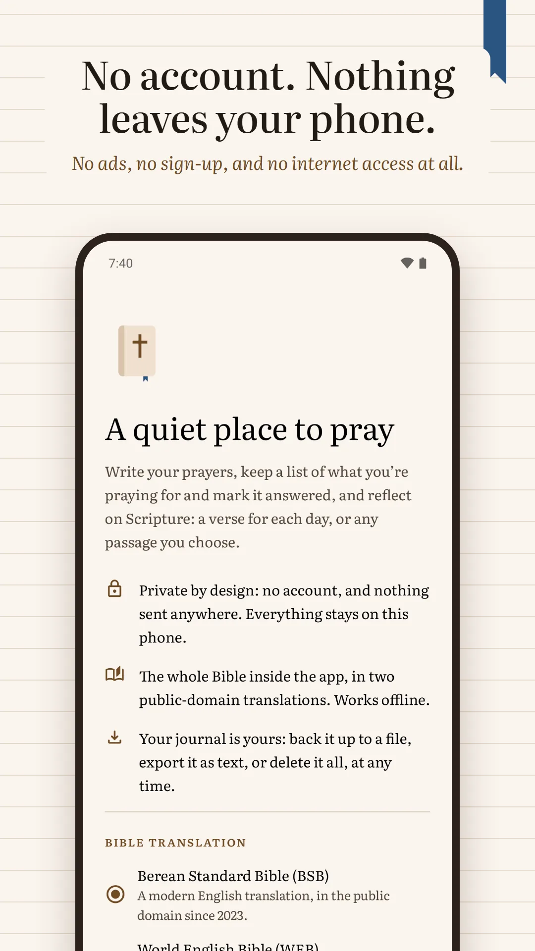 Prayer Journal & Prayer List screenshot. No account, and nothing leaves your phone: the app has no internet access at all.