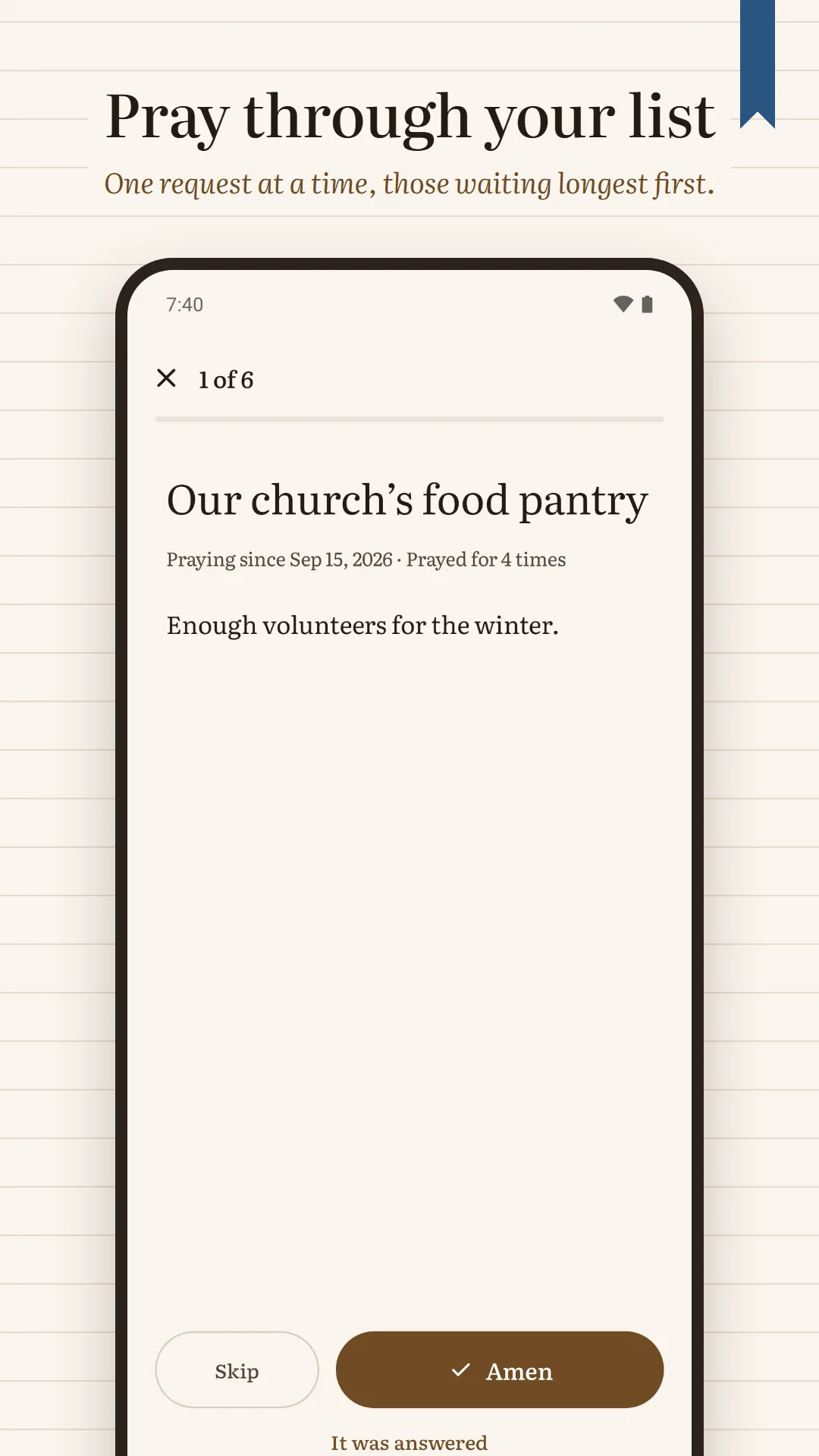 Prayer Journal & Prayer List screenshot. Pray through your list, one request at a time.