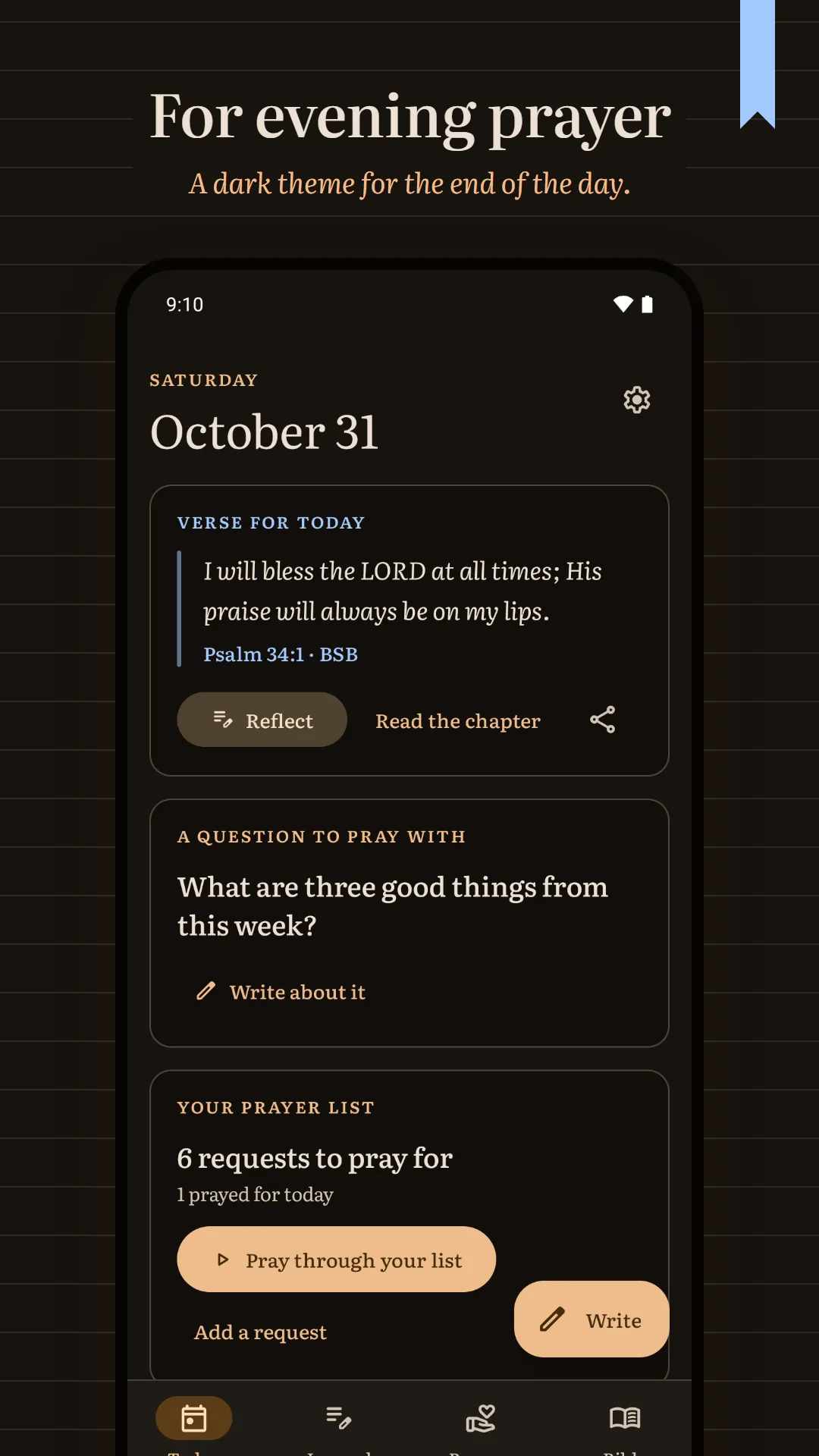 Prayer Journal & Prayer List screenshot. A dark theme for evening prayer.