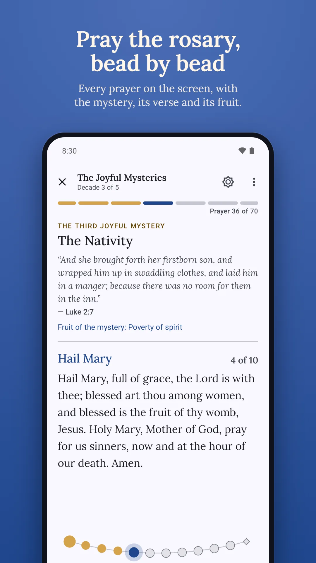 Rosary Counter & Guide screenshot. Pray the rosary, bead by bead: every prayer on the screen, with the mystery, its verse and its fruit.