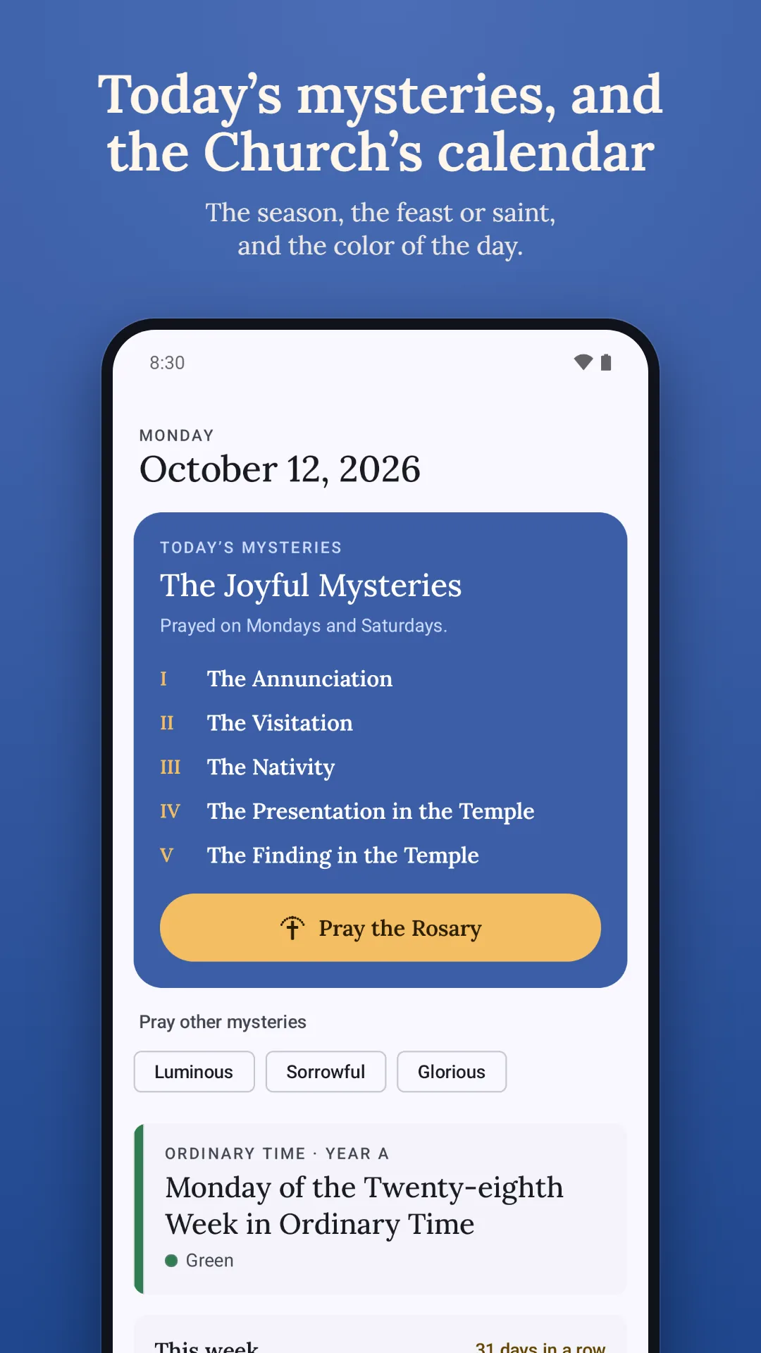 Rosary Counter & Guide screenshot. Today's mysteries, and the Church's calendar: the season, the feast or saint, and the color of the day.