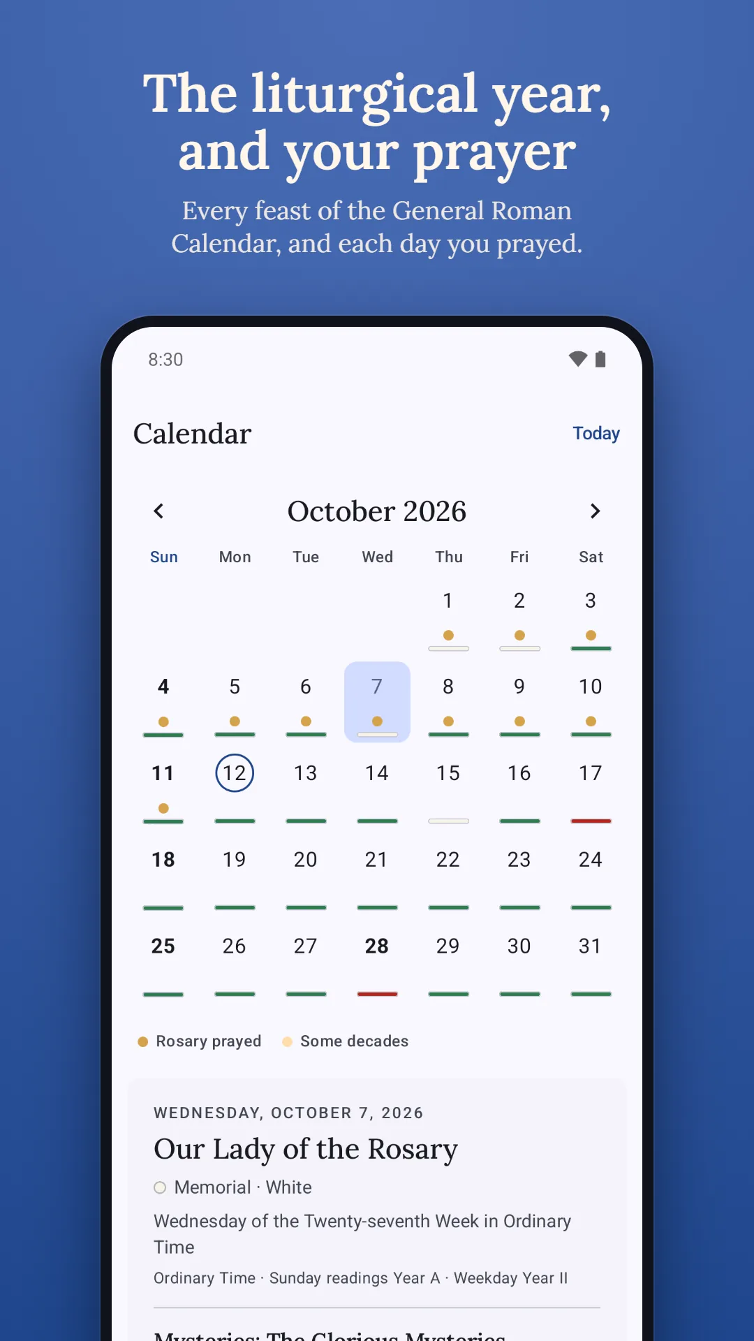 Rosary Counter & Guide screenshot. The liturgical year and your prayer: every feast of the General Roman Calendar, and each day you prayed.