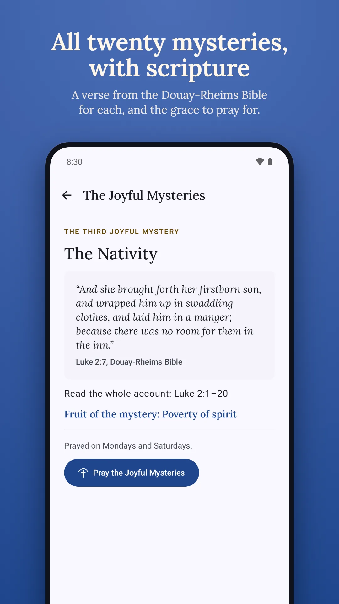 Rosary Counter & Guide screenshot. All twenty mysteries, each with a verse from the Douay-Rheims Bible and the grace to pray for.