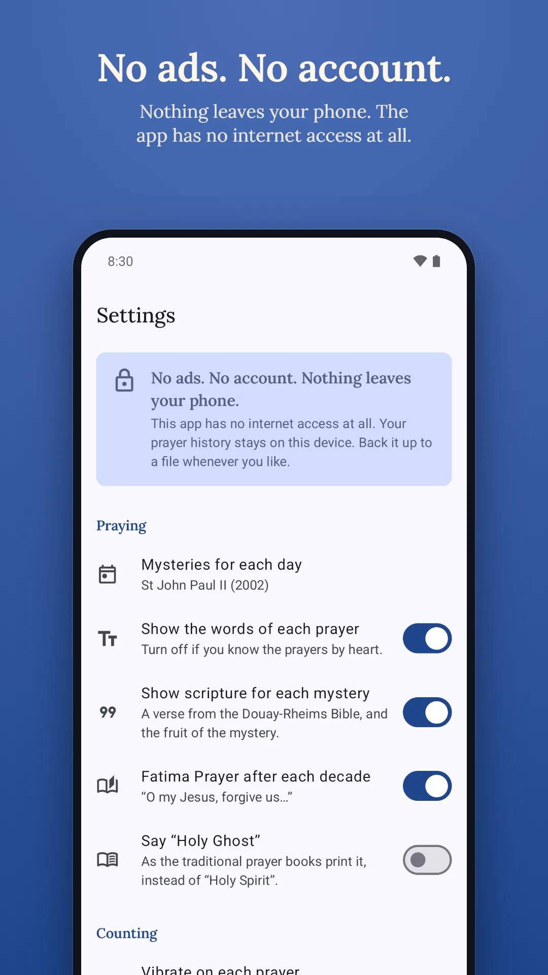 Rosary Counter & Guide screenshot. No ads, no account: nothing leaves your phone, and the app has no internet access at all.