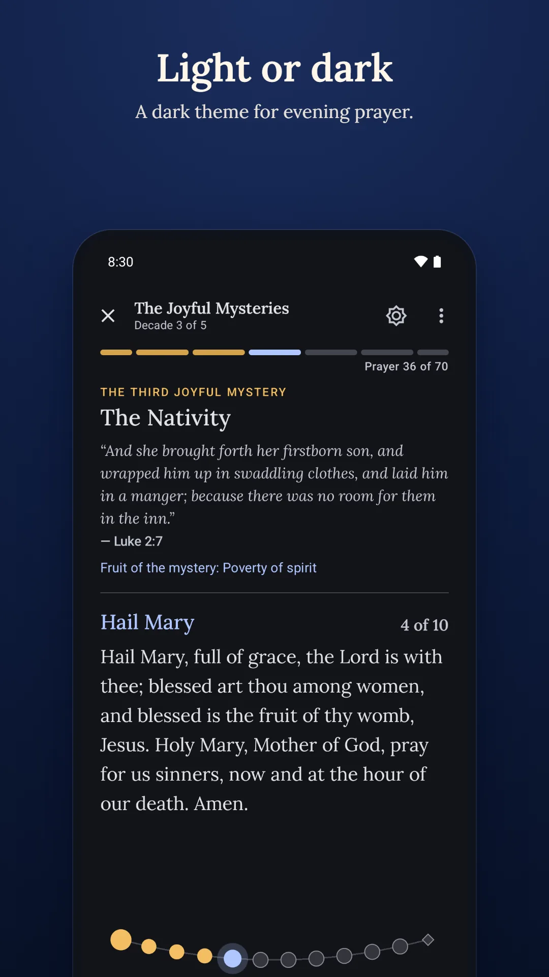 Rosary Counter & Guide screenshot. A dark theme for evening prayer.