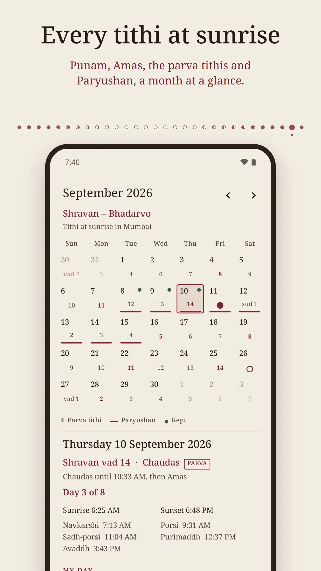 Navkar: Jain Tithi & Paryushan screenshot. Every tithi at sunrise: a month with Punam, Amas, the parva tithis and Paryushan marked.