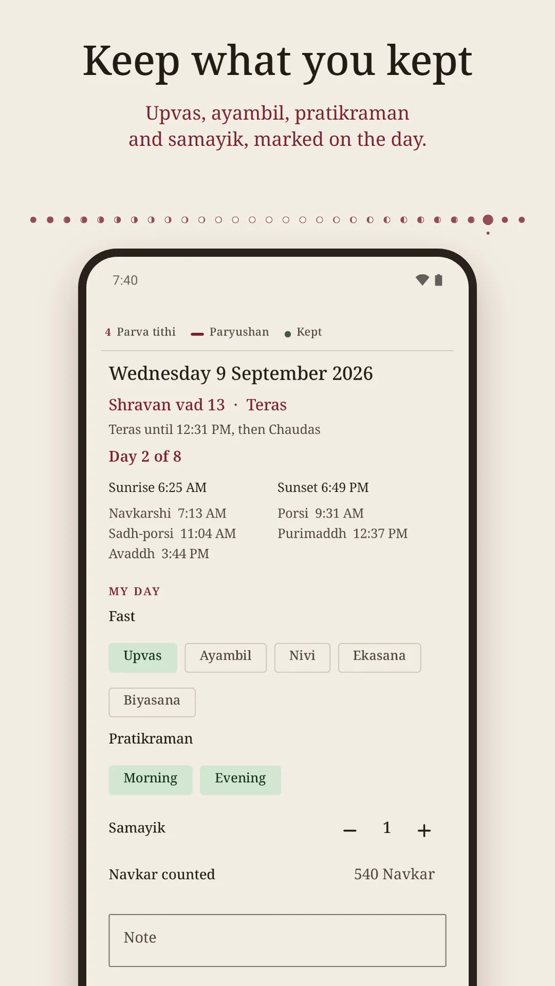 Navkar: Jain Tithi & Paryushan screenshot. Keep what you kept: a fast, pratikraman and samayik marked on the day.