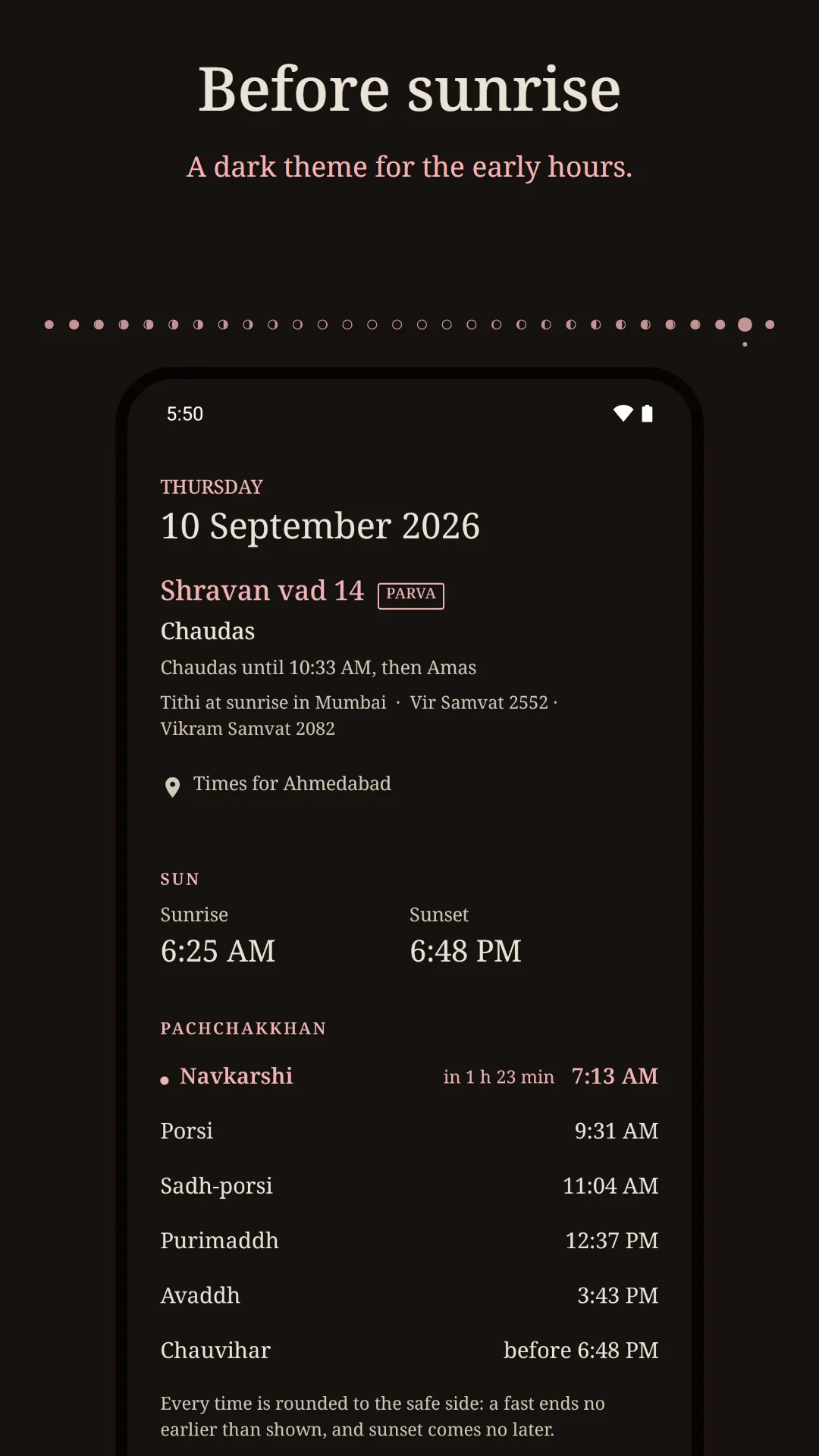 Navkar: Jain Tithi & Paryushan screenshot. A dark theme for before sunrise.