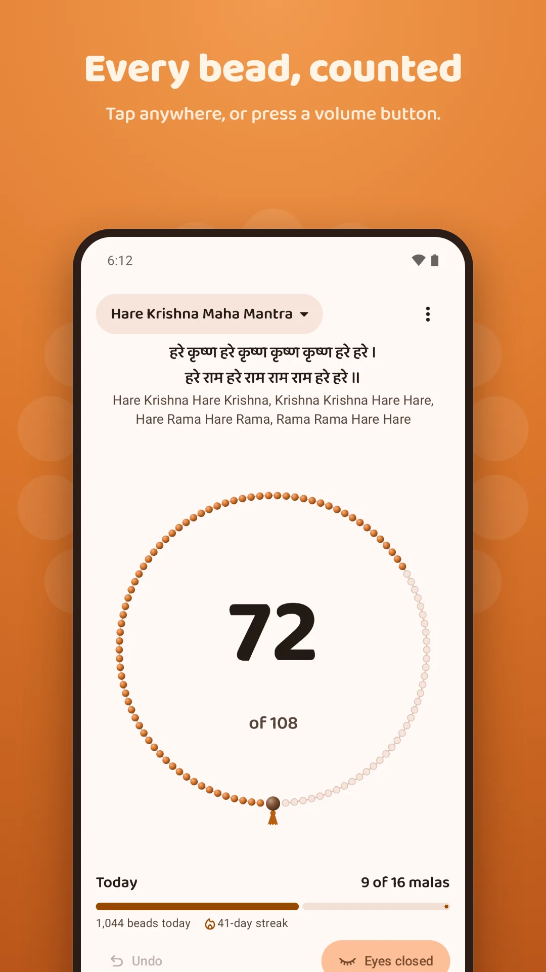 Japa Mala Counter screenshot. Every bead, counted: tap anywhere, or press a volume button.