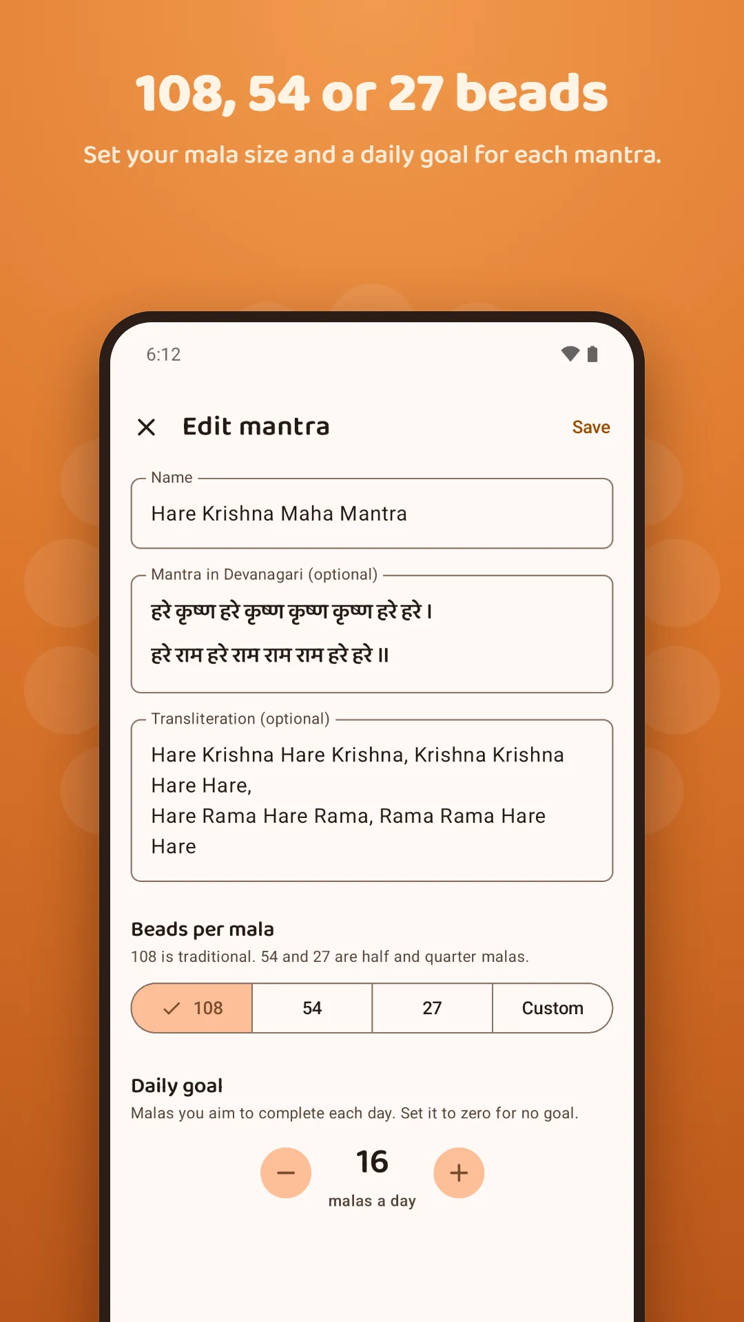 Japa Mala Counter screenshot. Choose a 108, 54 or 27 bead mala and a daily goal for each mantra.