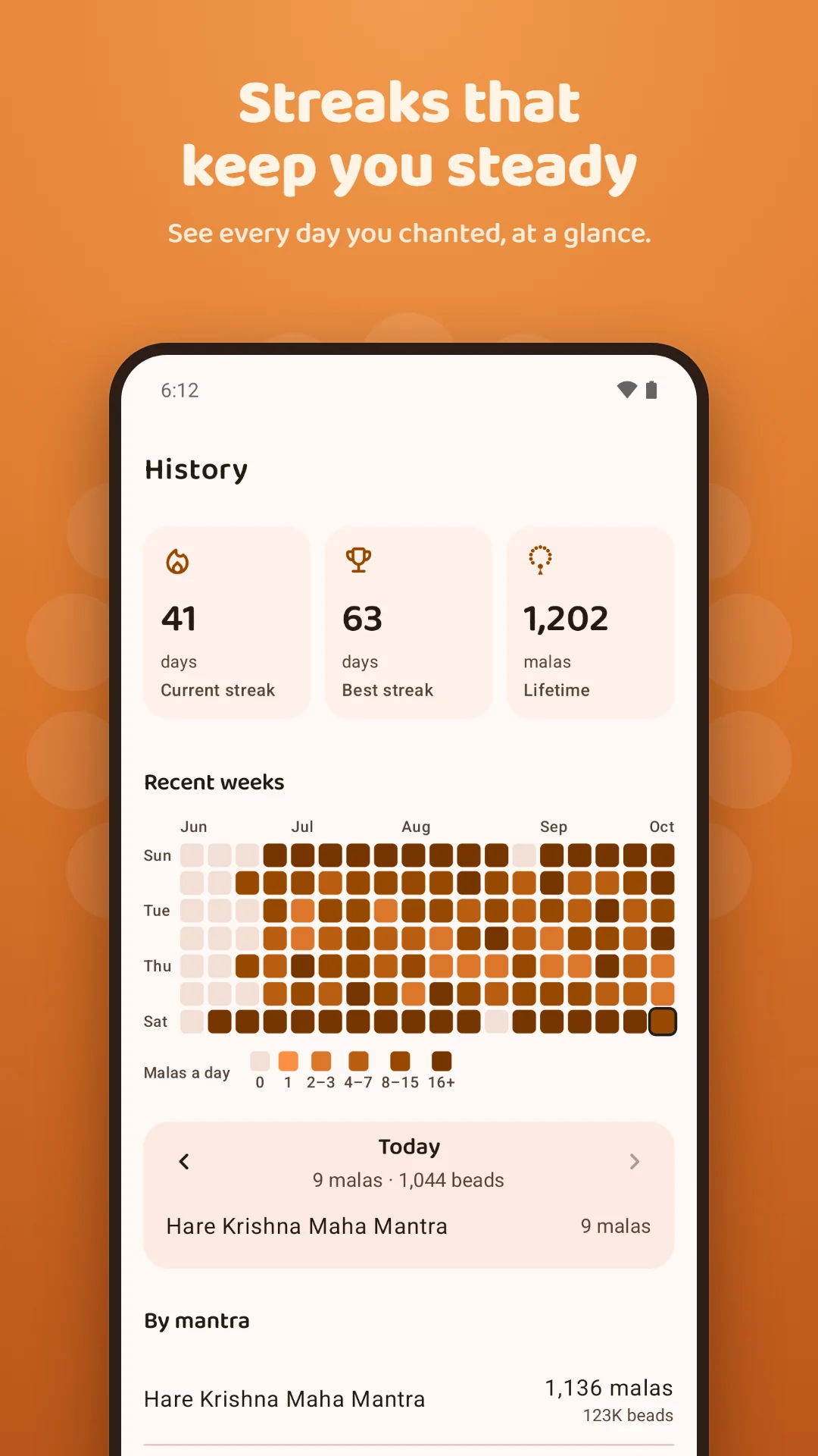 Japa Mala Counter screenshot. Streaks and a calendar of every day you chanted.