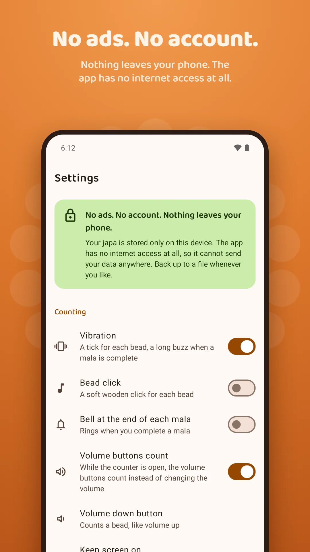 Japa Mala Counter screenshot. No ads, no account: nothing leaves your phone, and the app has no internet access at all.