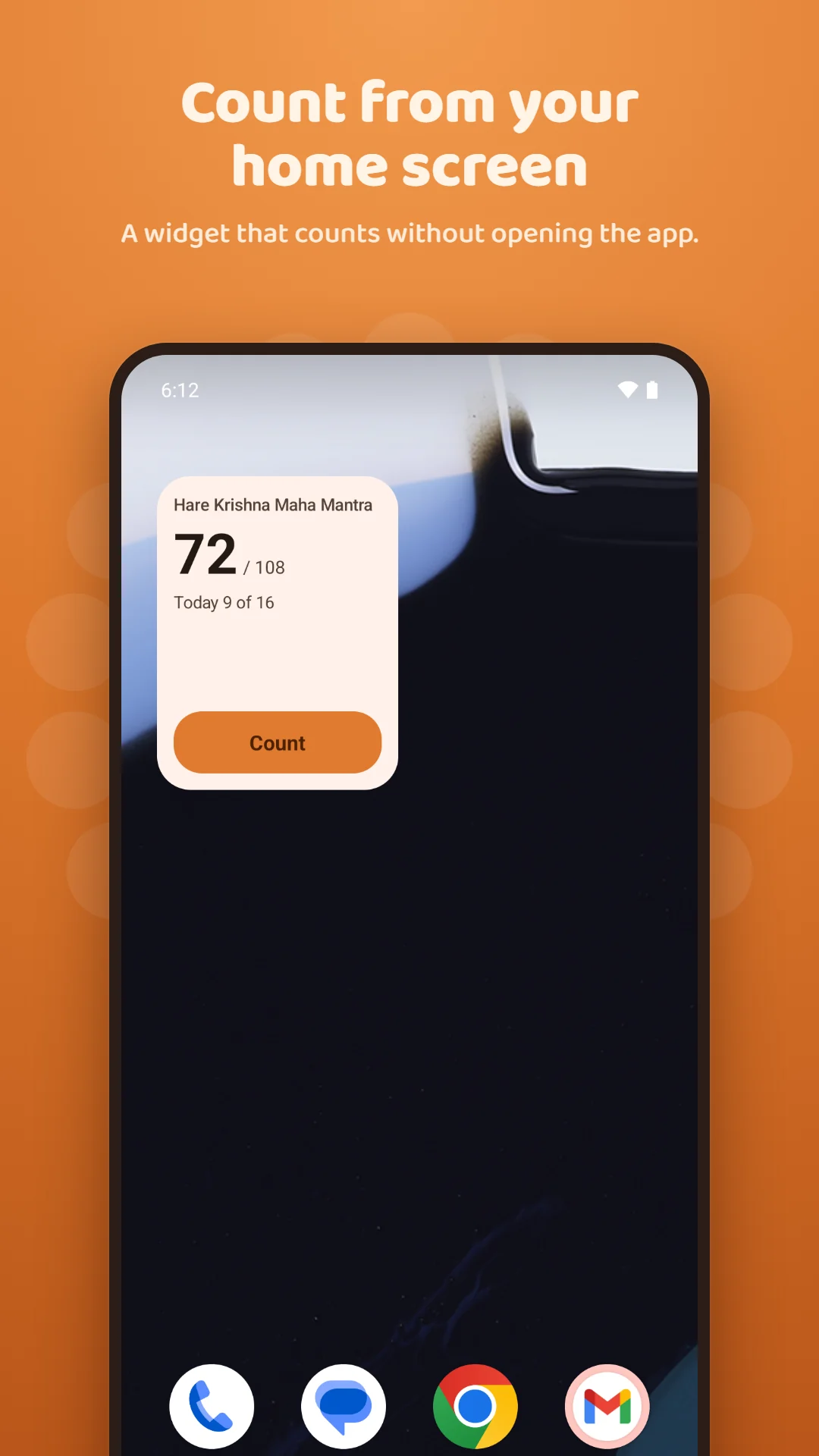 Japa Mala Counter screenshot. A home-screen widget that counts without opening the app.