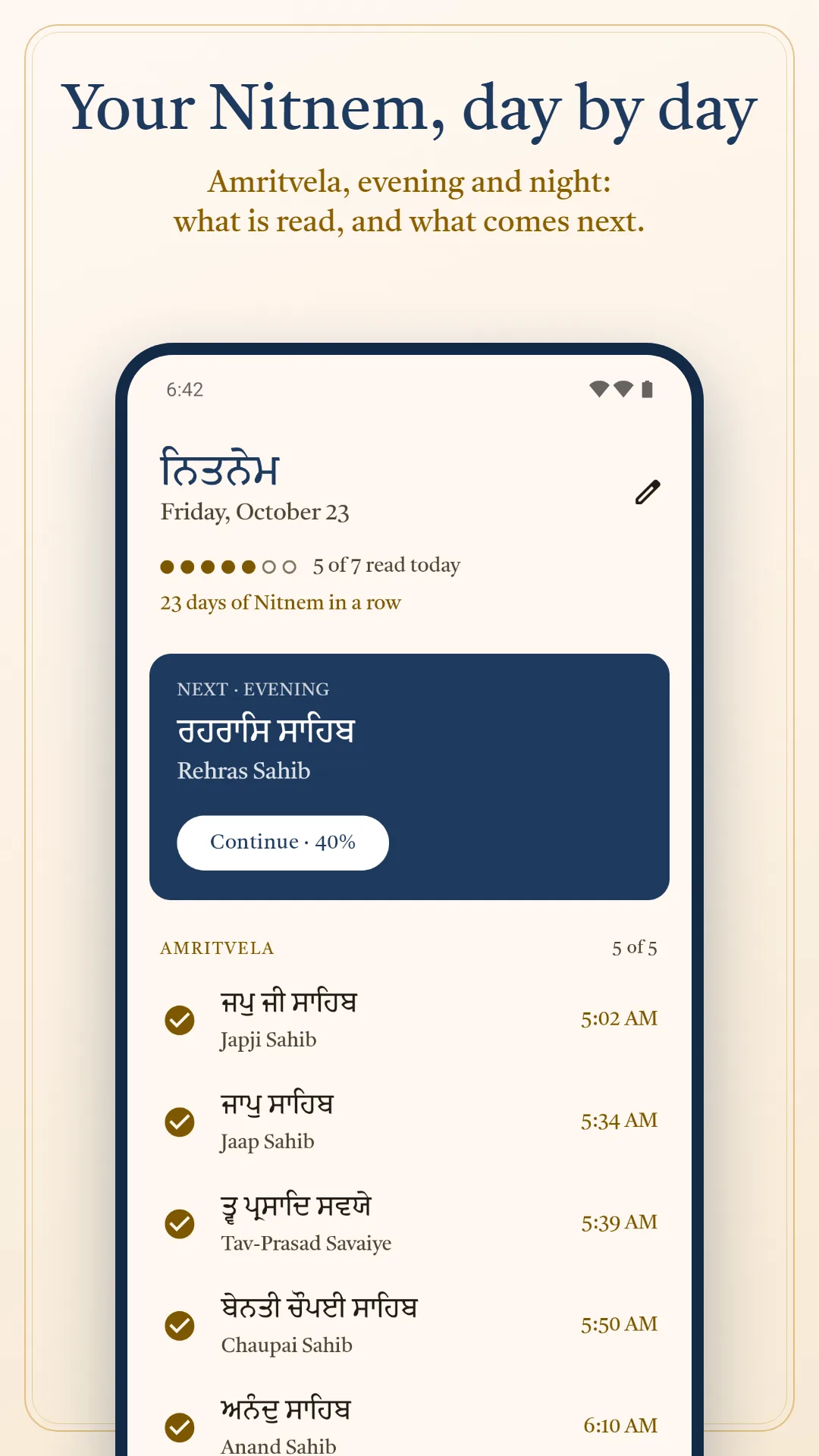 Nitnem & Gurbani Daily screenshot. Your Nitnem, day by day: Amritvela, evening and night, what is read and what comes next.