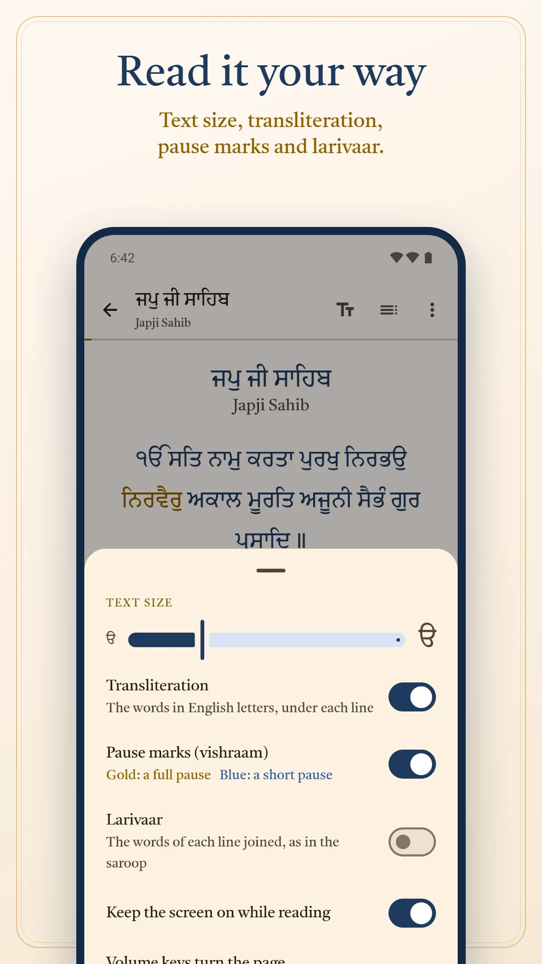 Nitnem & Gurbani Daily screenshot. Read it your way: text size, transliteration, pause marks and larivaar.