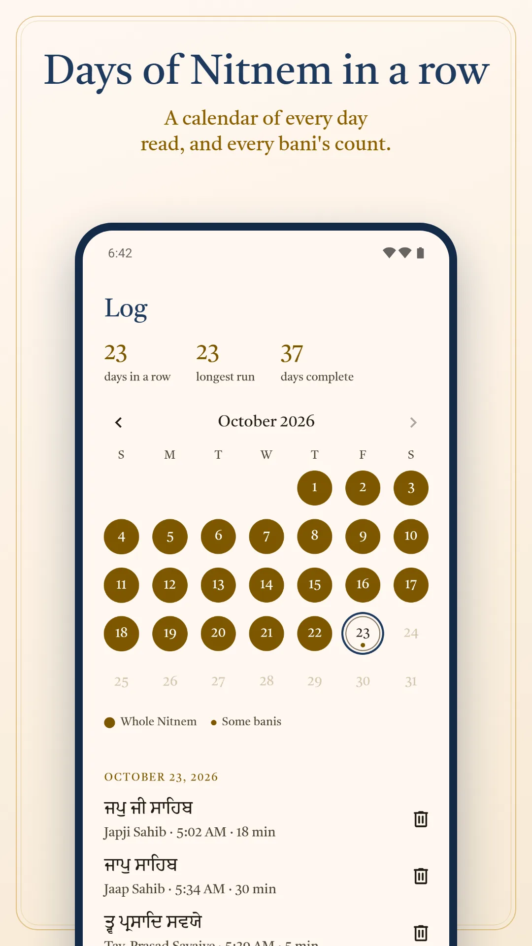 Nitnem & Gurbani Daily screenshot. Days of Nitnem in a row: a calendar of every day read, and every bani's count.