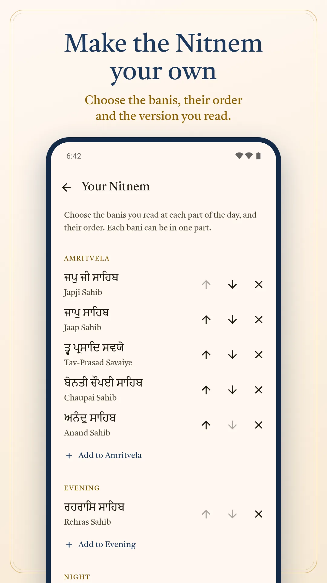 Nitnem & Gurbani Daily screenshot. Make the Nitnem your own: choose the banis, their order and the version you read.