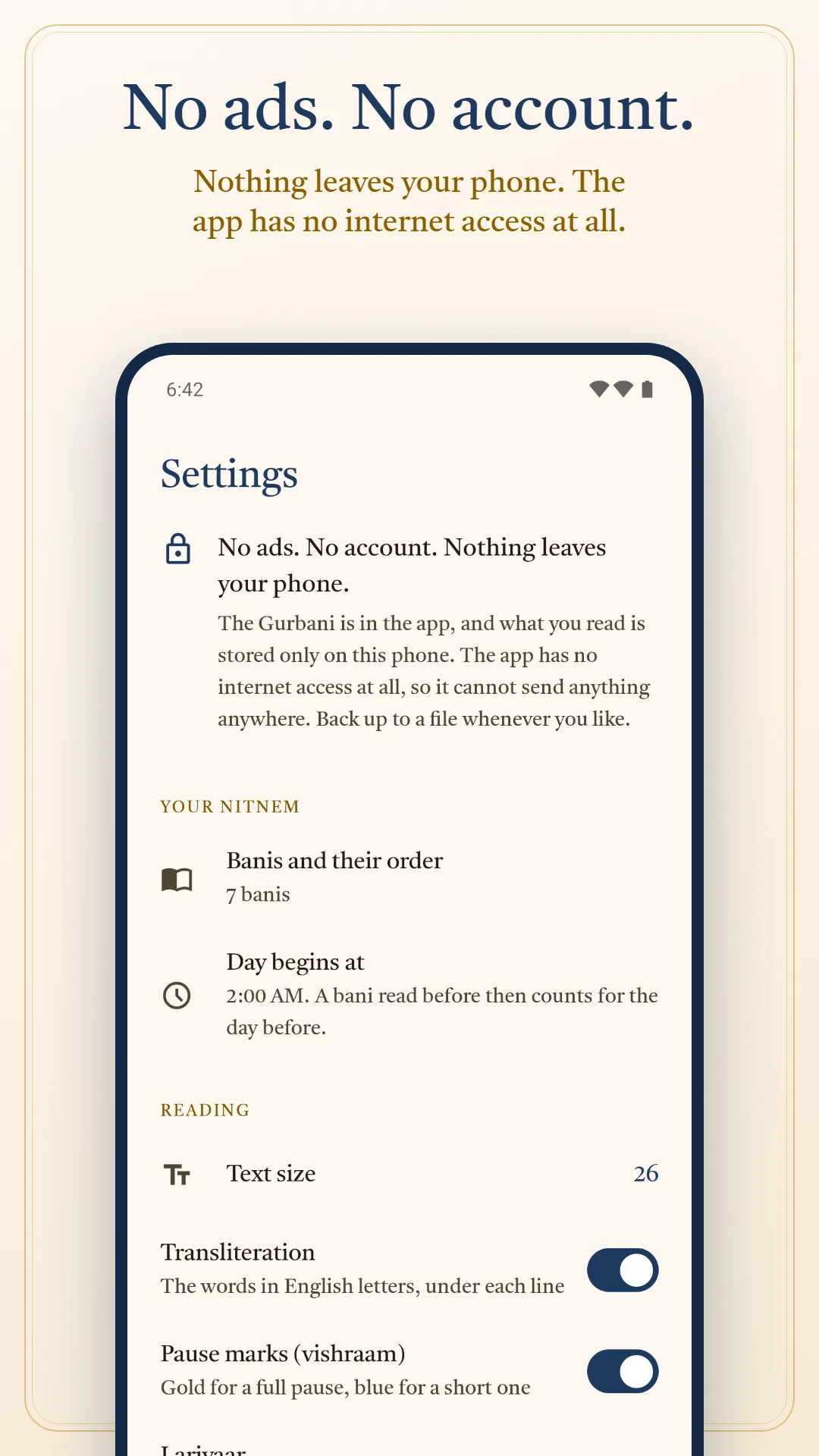 Nitnem & Gurbani Daily screenshot. No ads, no account: nothing leaves your phone, and the app has no internet access at all.