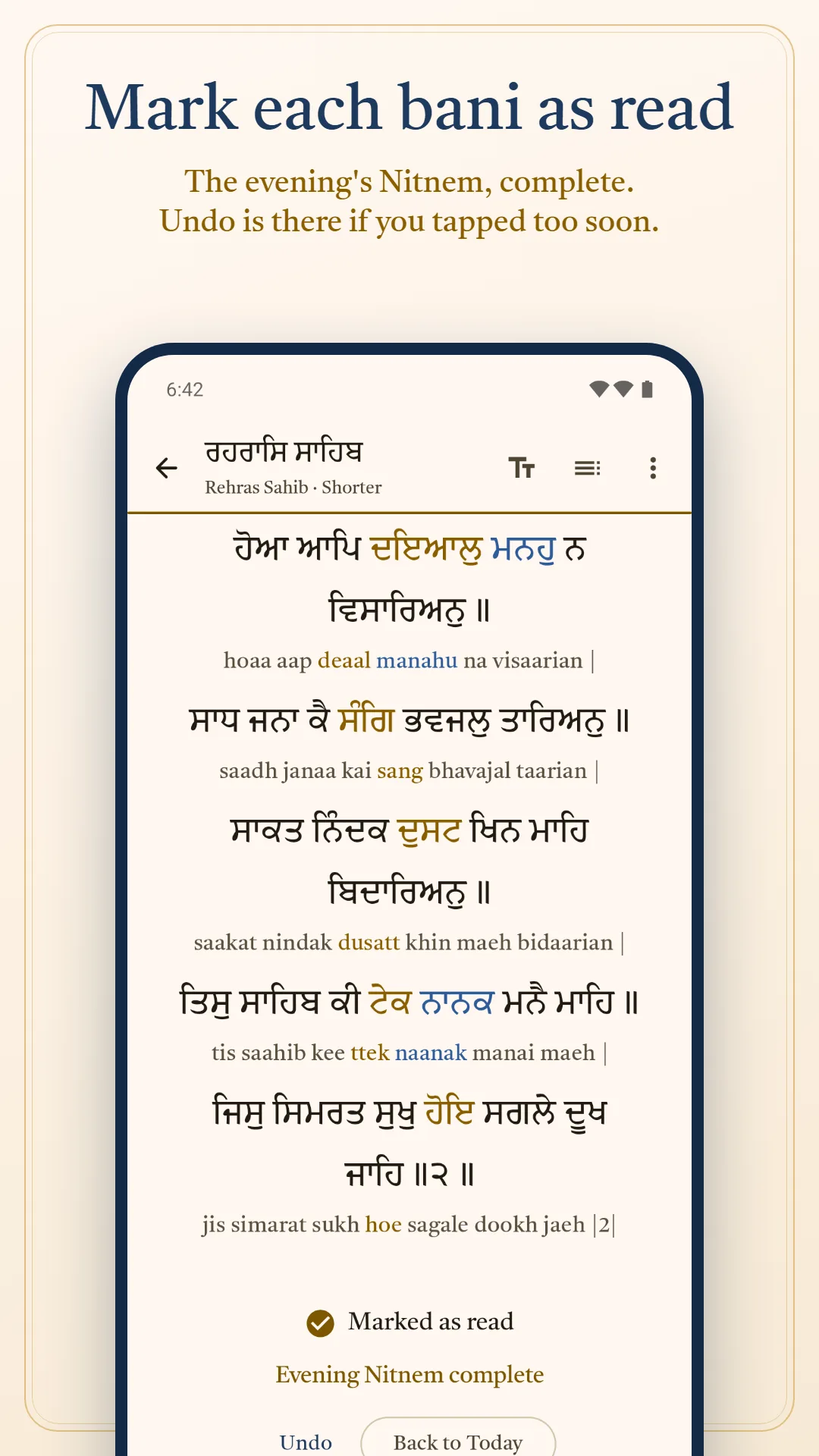 Nitnem & Gurbani Daily screenshot. Rehras Sahib marked as read: the evening's Nitnem complete.